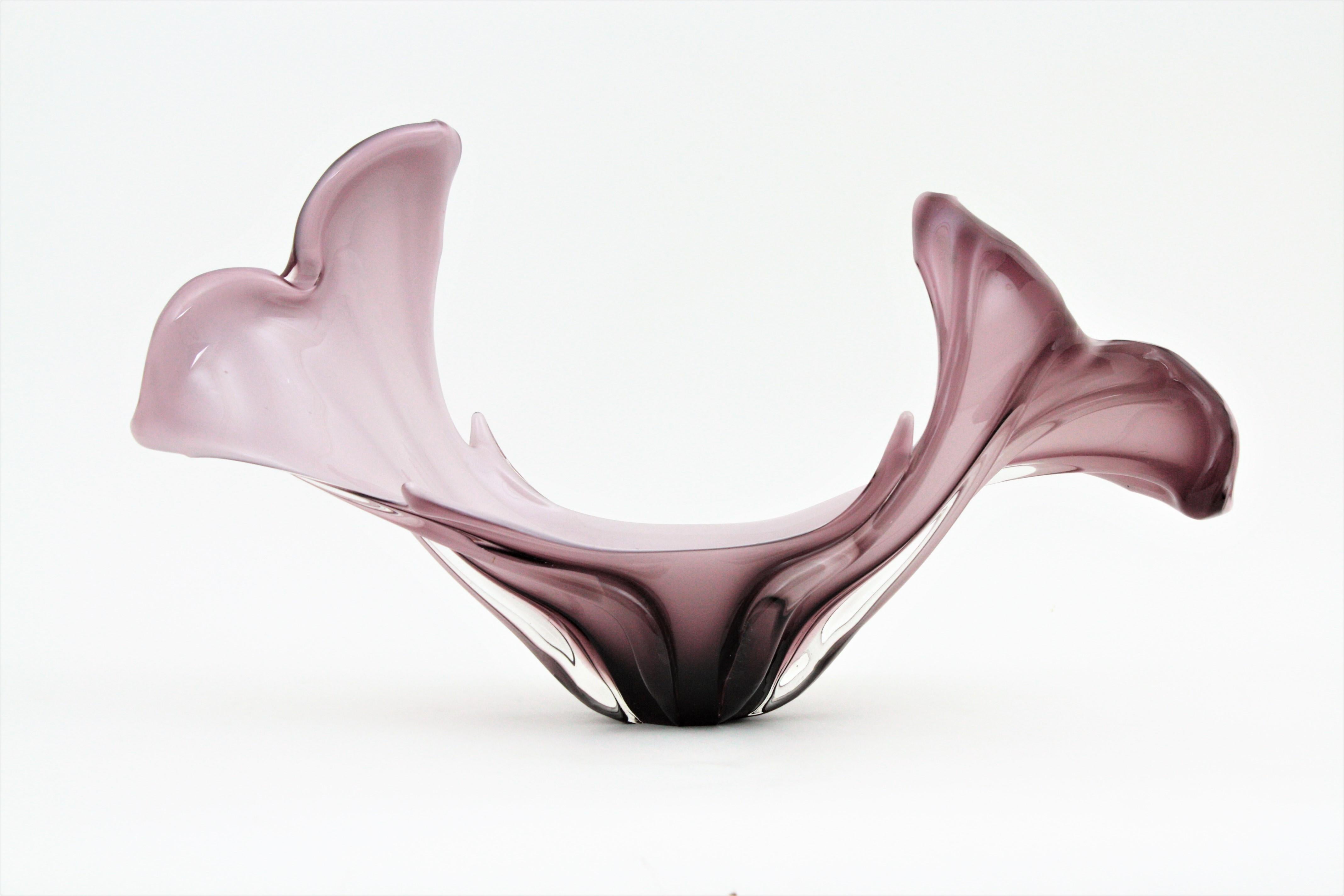 20th Century Italian Modernist Murano Purple and White Glass Centerpiece Vase