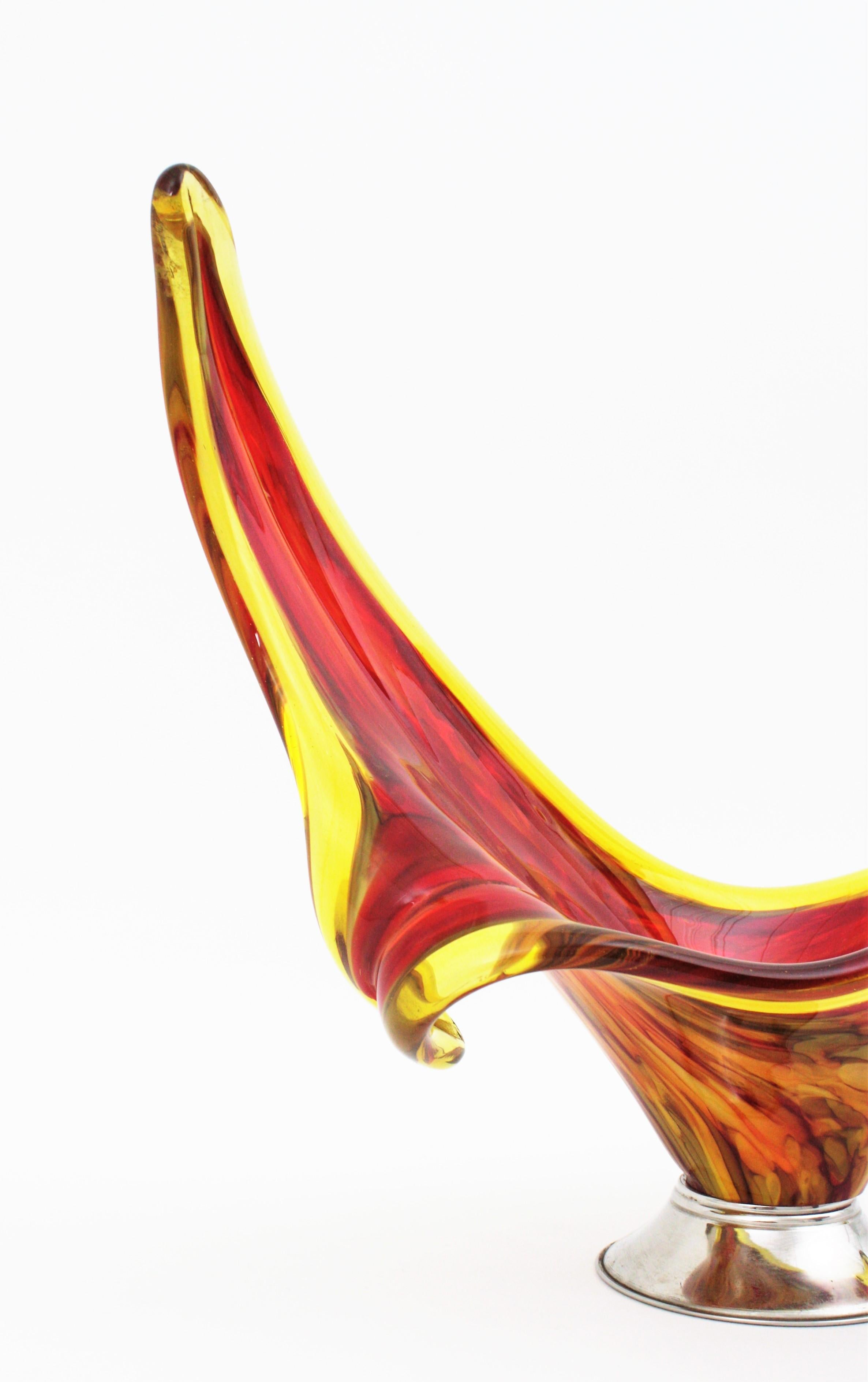 20th Century Italian Modernist Murano Red and Yellow Glass Centerpiece Vase with Chromed Base
