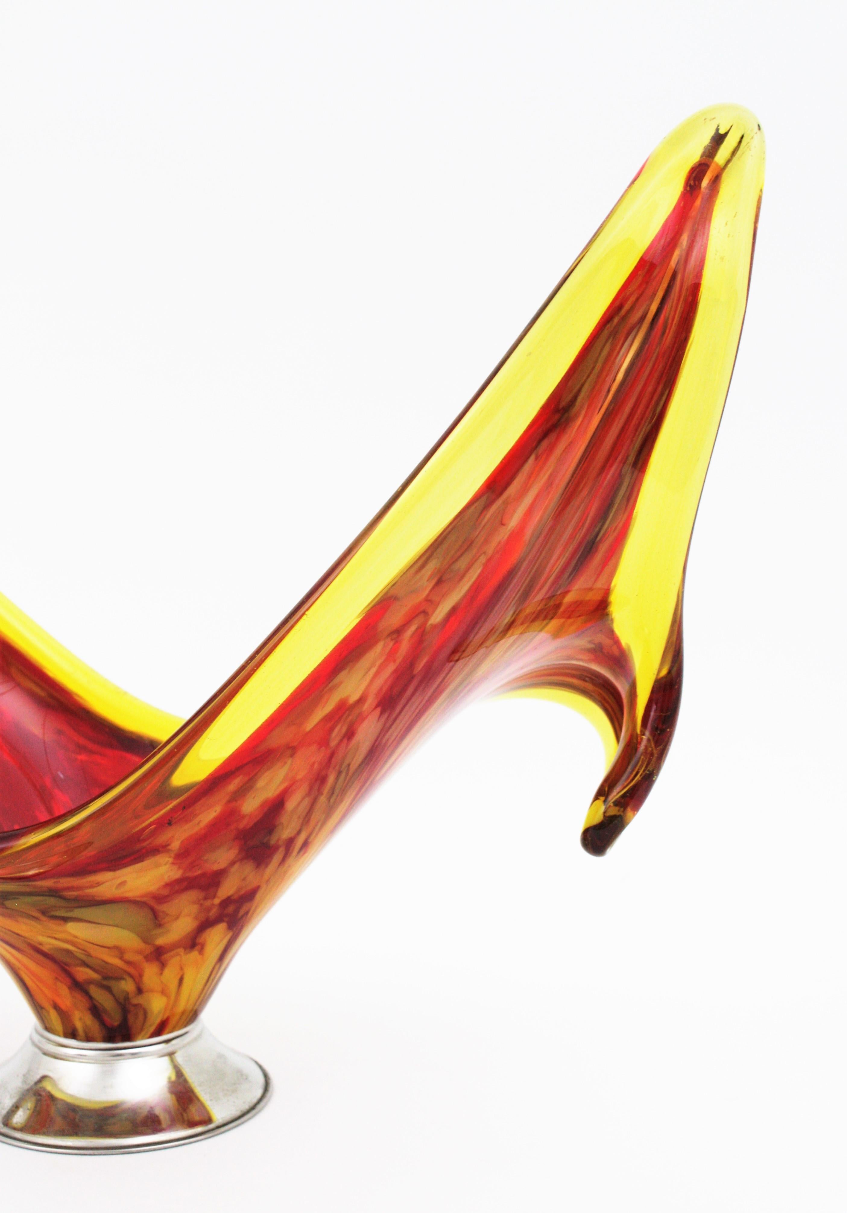 Art Glass Italian Modernist Murano Red and Yellow Glass Centerpiece Vase with Chromed Base