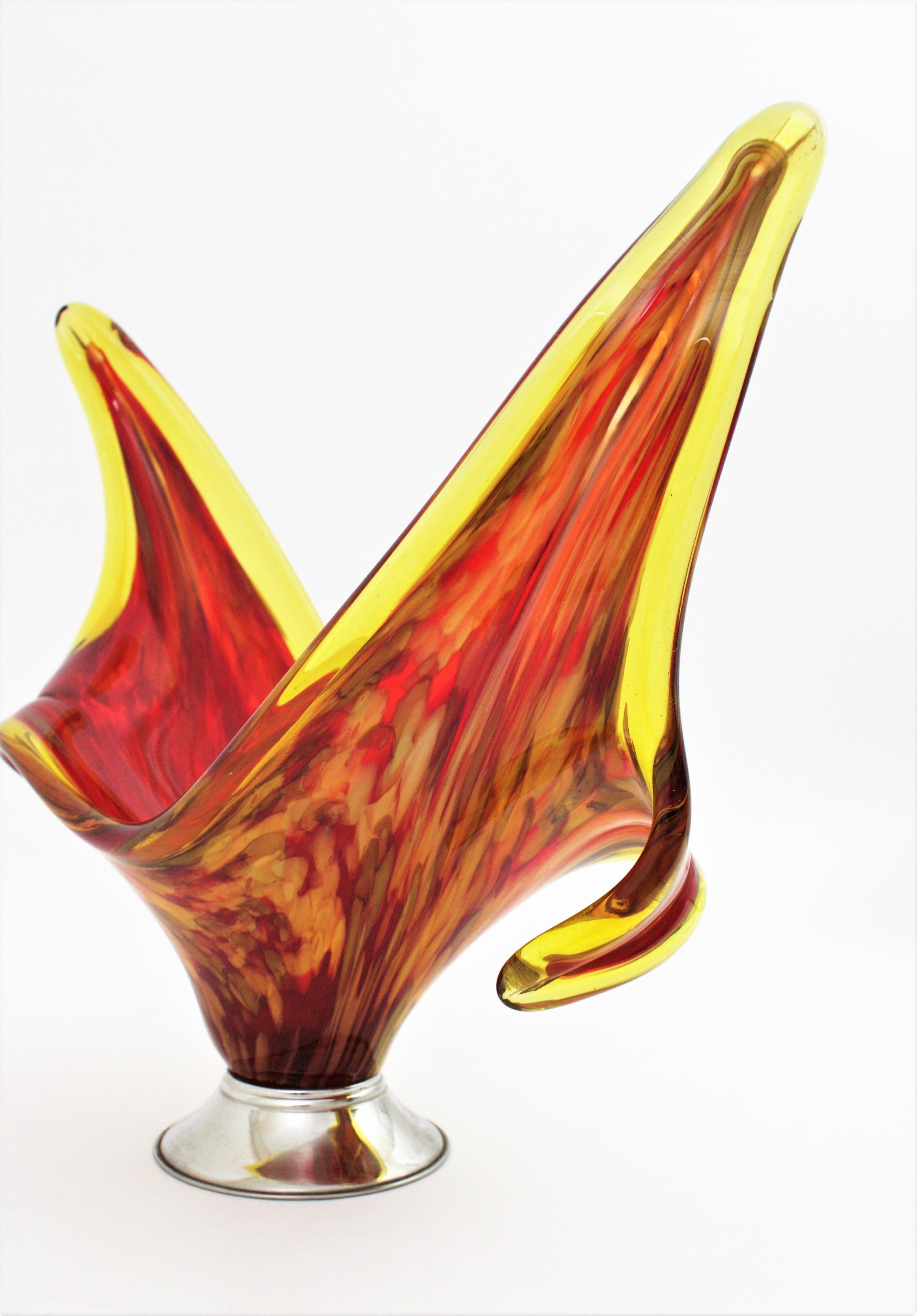 Italian Modernist Murano Red and Yellow Glass Centerpiece Vase with Chromed Base 1