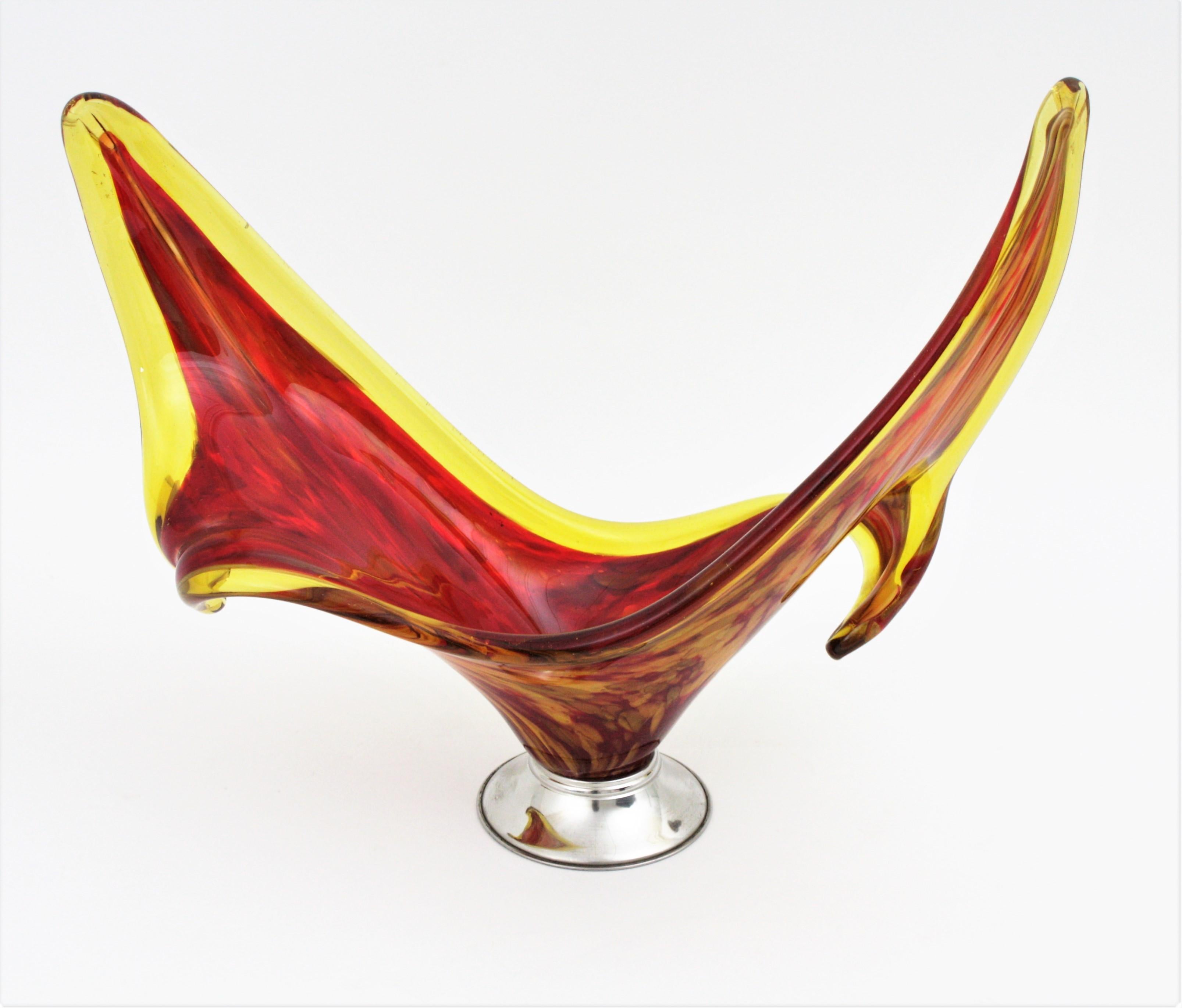 Italian Modernist Murano Red and Yellow Glass Centerpiece Vase with Chromed Base 2