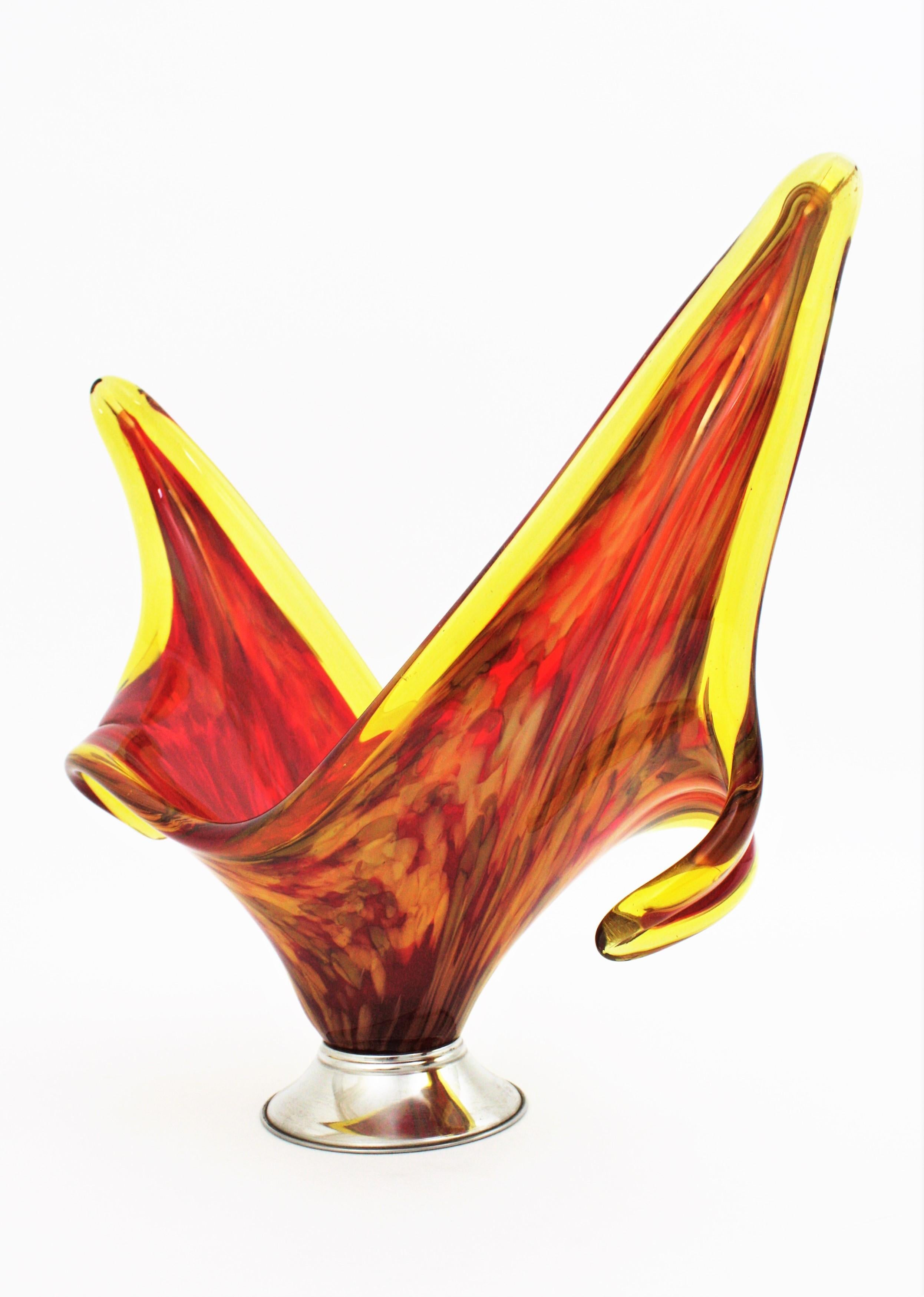 Italian Modernist Murano Red and Yellow Glass Centerpiece Vase with Chromed Base 3