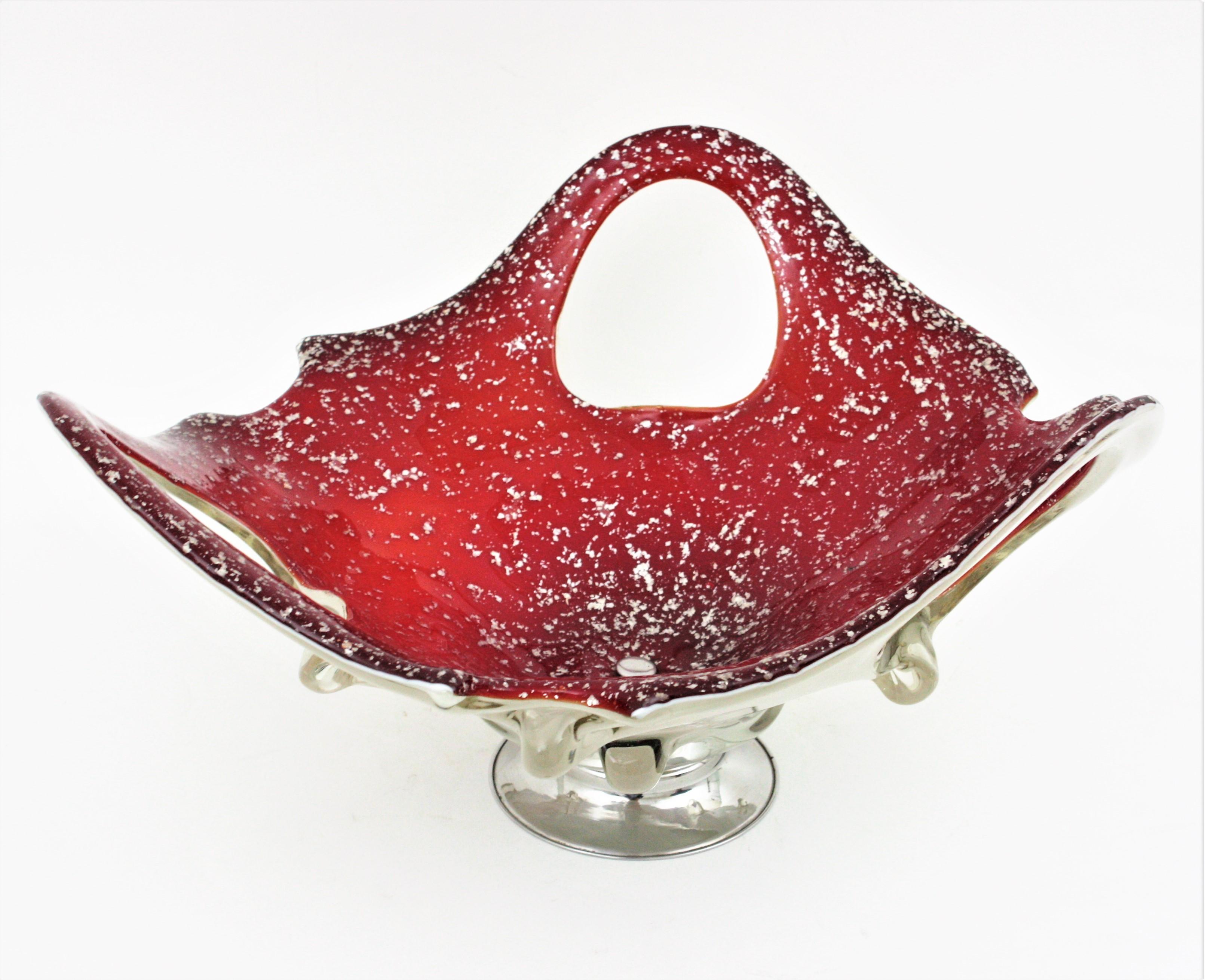 Art Glass Italian Modernist Murano Red White Glass Centerpiece Vase with Silver Flecks For Sale