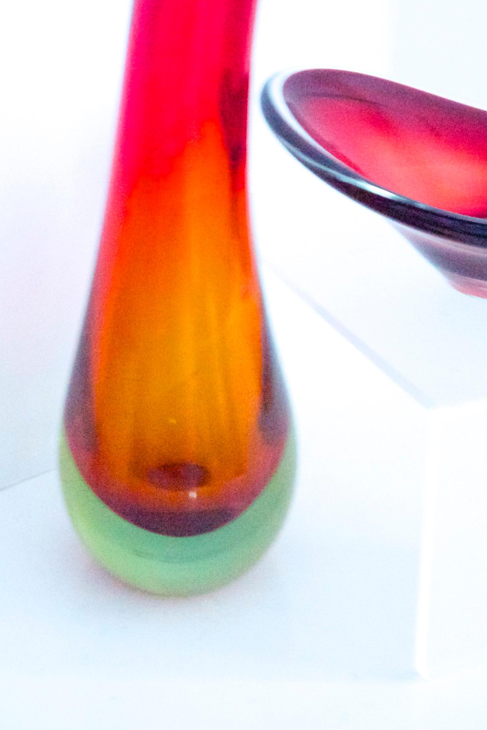 Mid-Century Modern Italian Modernist Murano Sommerso Vase by Flavio Poli with Dish For Sale