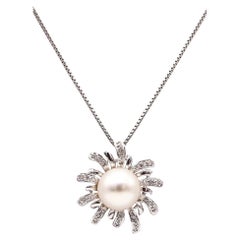 ITALIAN Modernist Necklace In 18Kt White Gold With a Pearl And White Diamonds