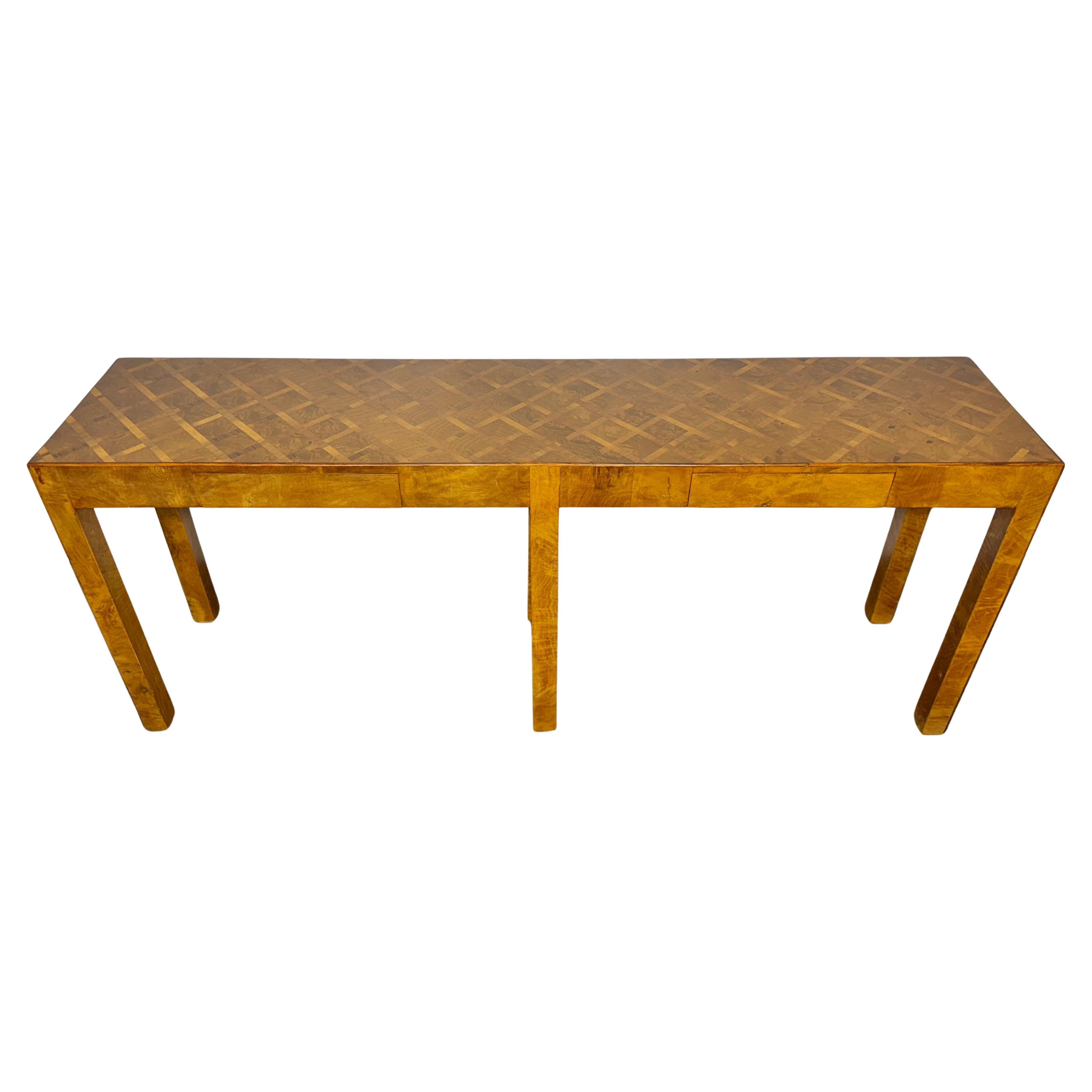 Tavolo consolle rettangolare a 3 cassetti in legno di Oliver e radica.