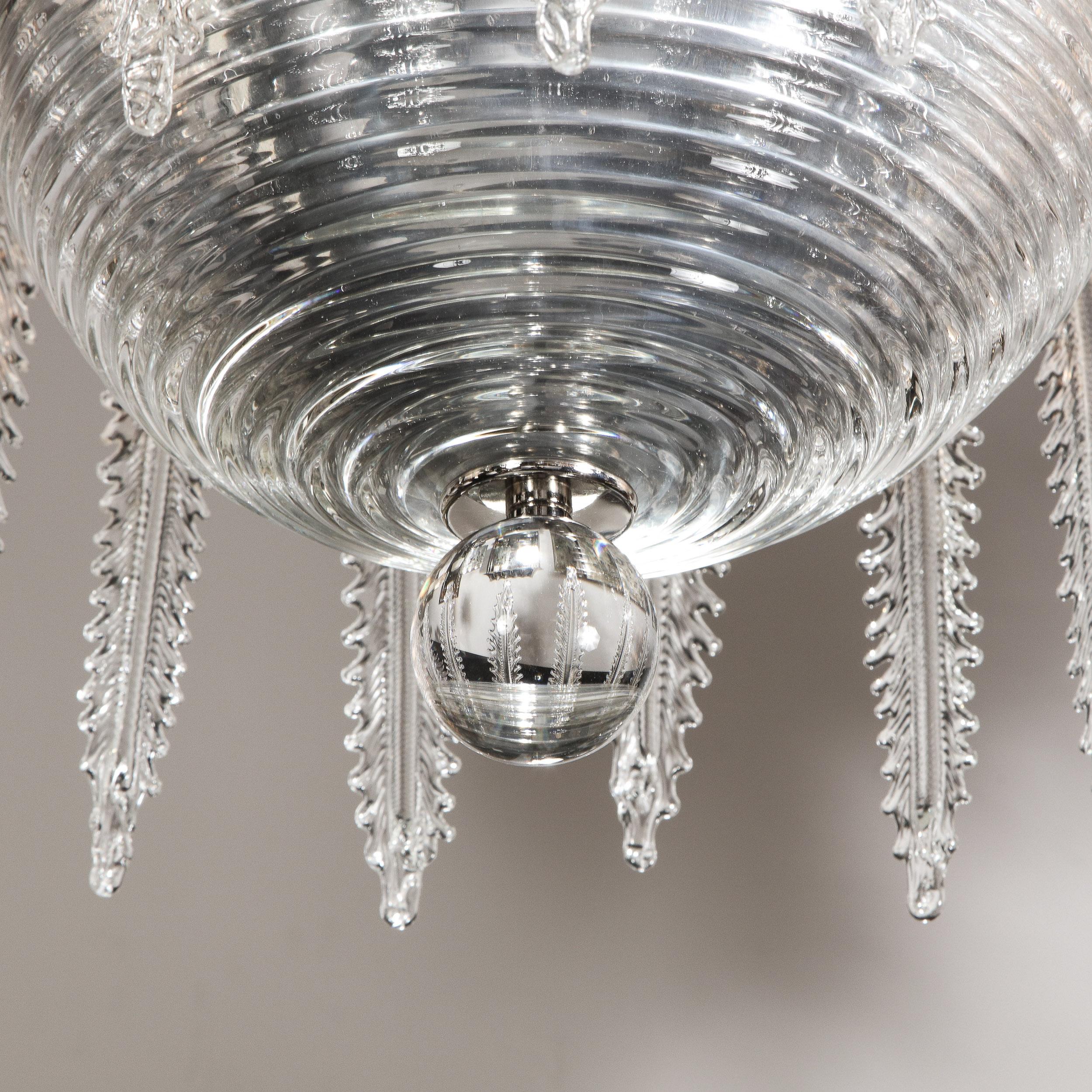 Italian Modernist Plume Form Translucent Murano Glass & Chrome Chandelier In Excellent Condition In New York, NY