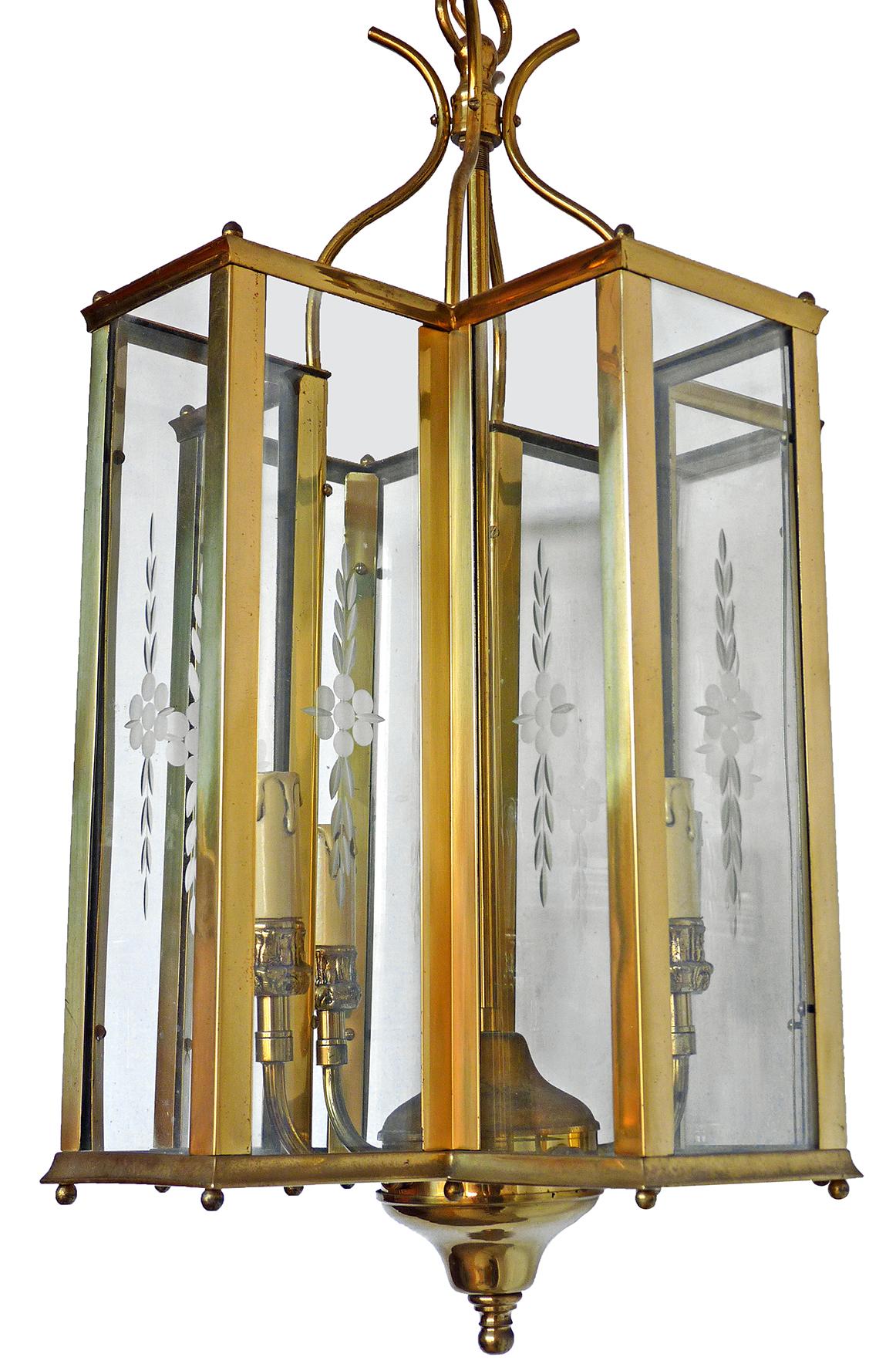 Mid-Century Modern Italian Modernist Polished Brass & Cut Etched Glass 4-Light Lantern & Chandelier
