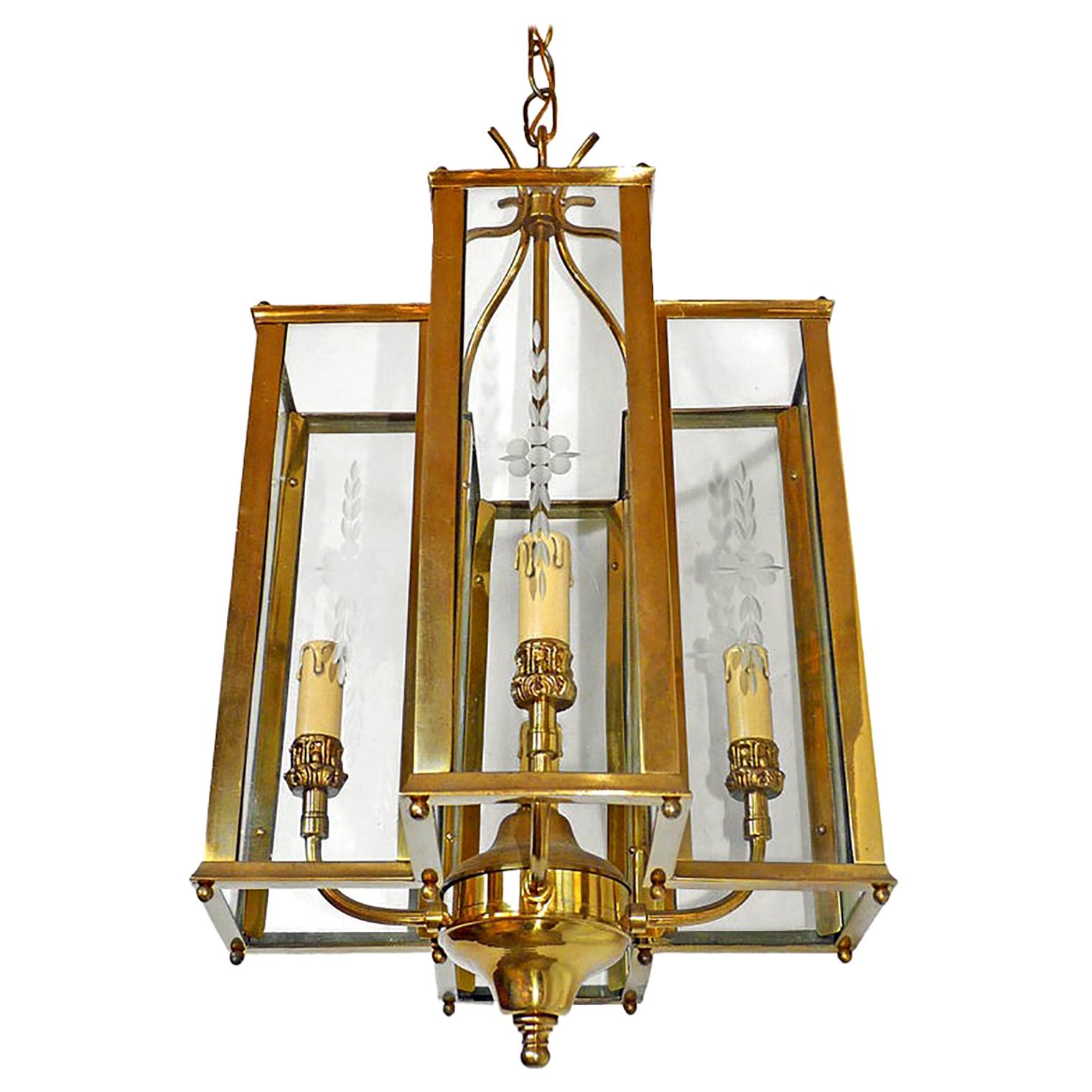 Italian Modernist Polished Brass & Cut Etched Glass 4-Light Lantern & Chandelier
