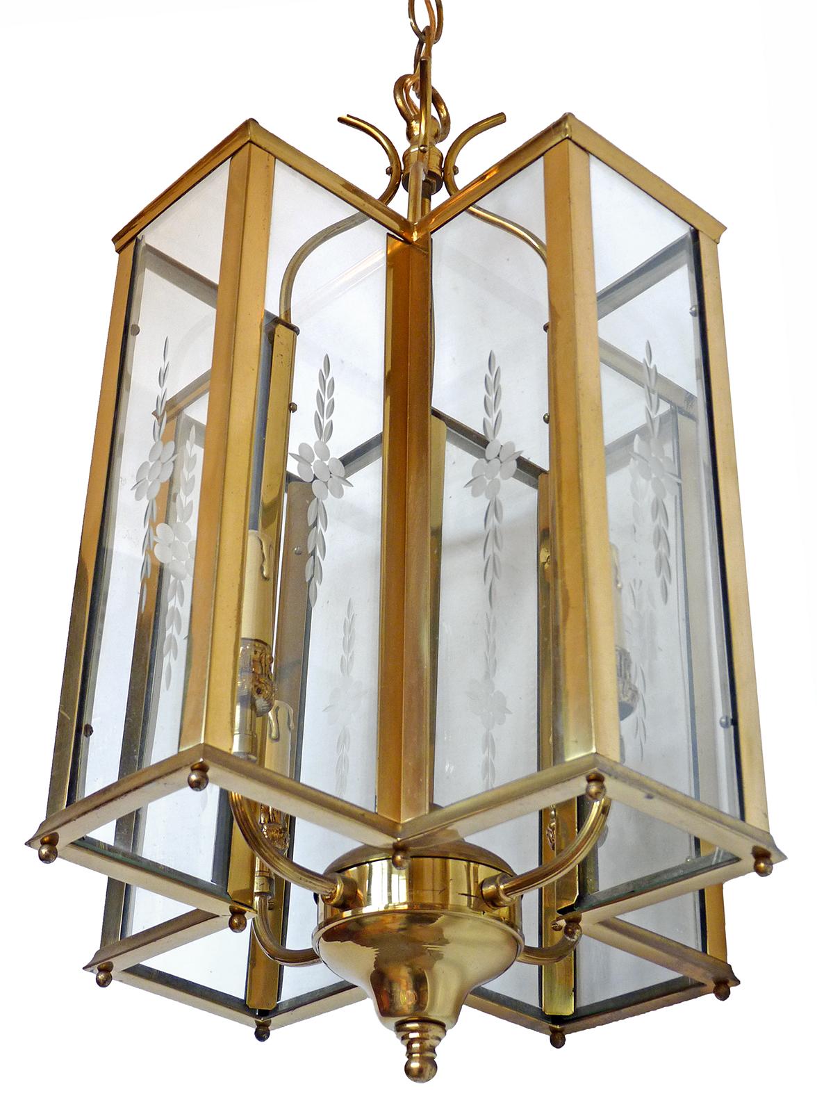 Mid-Century Modern Italian Modernist Polished Brass & Cut Etched Glass Art Deco Lantern Chandelier
