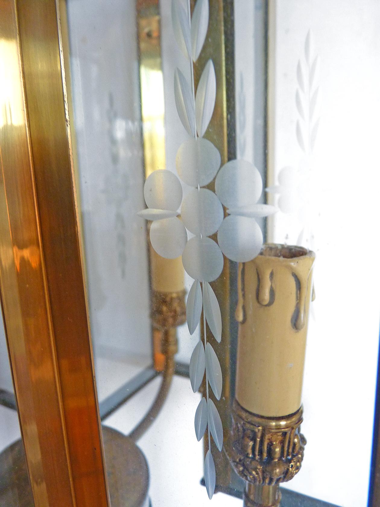 Italian Modernist Polished Brass & Cut Etched Glass Art Deco Lantern Chandelier 1