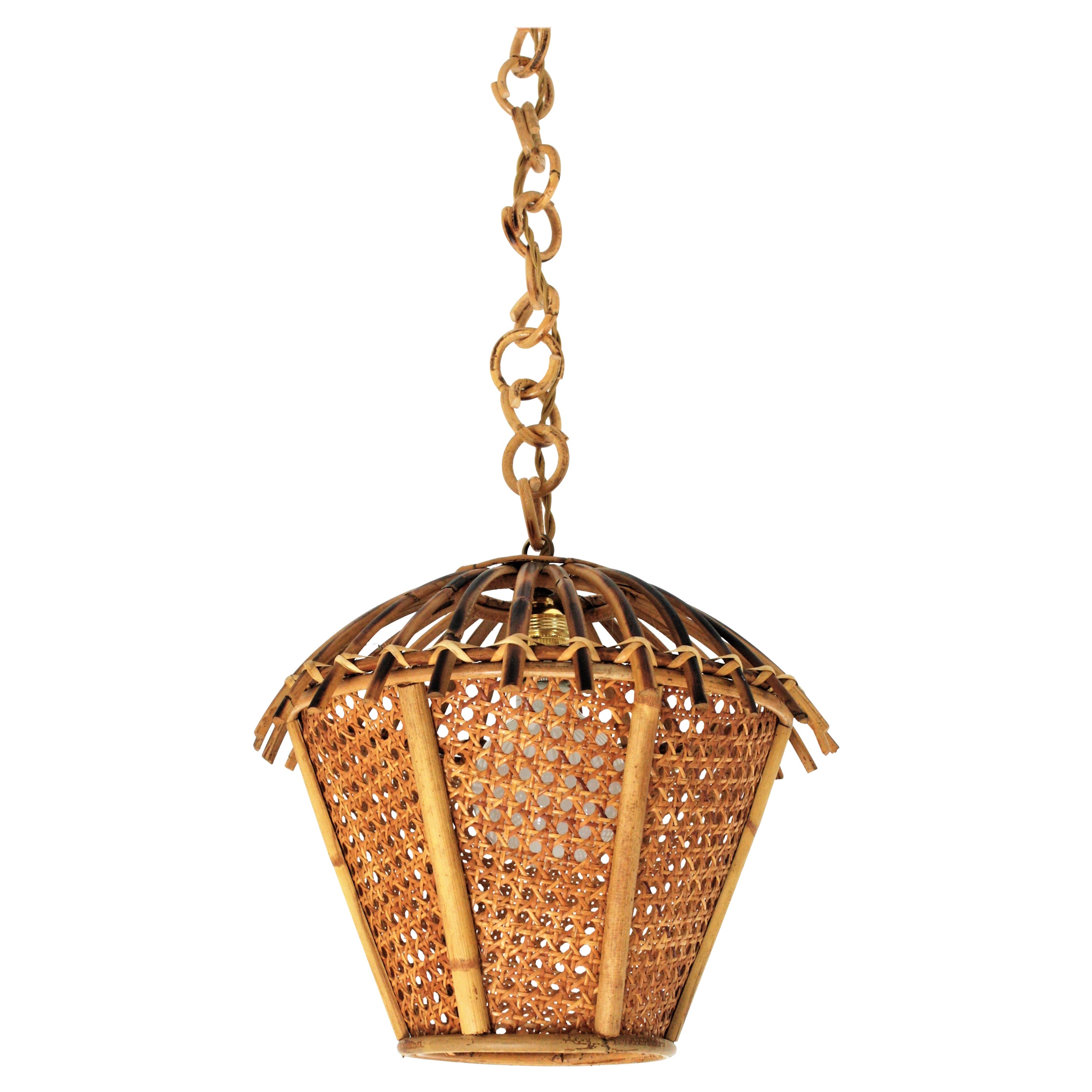 Italian Modernist Rattan and Wicker Wire Pagoda Pendant Hanging Light, 1960s
