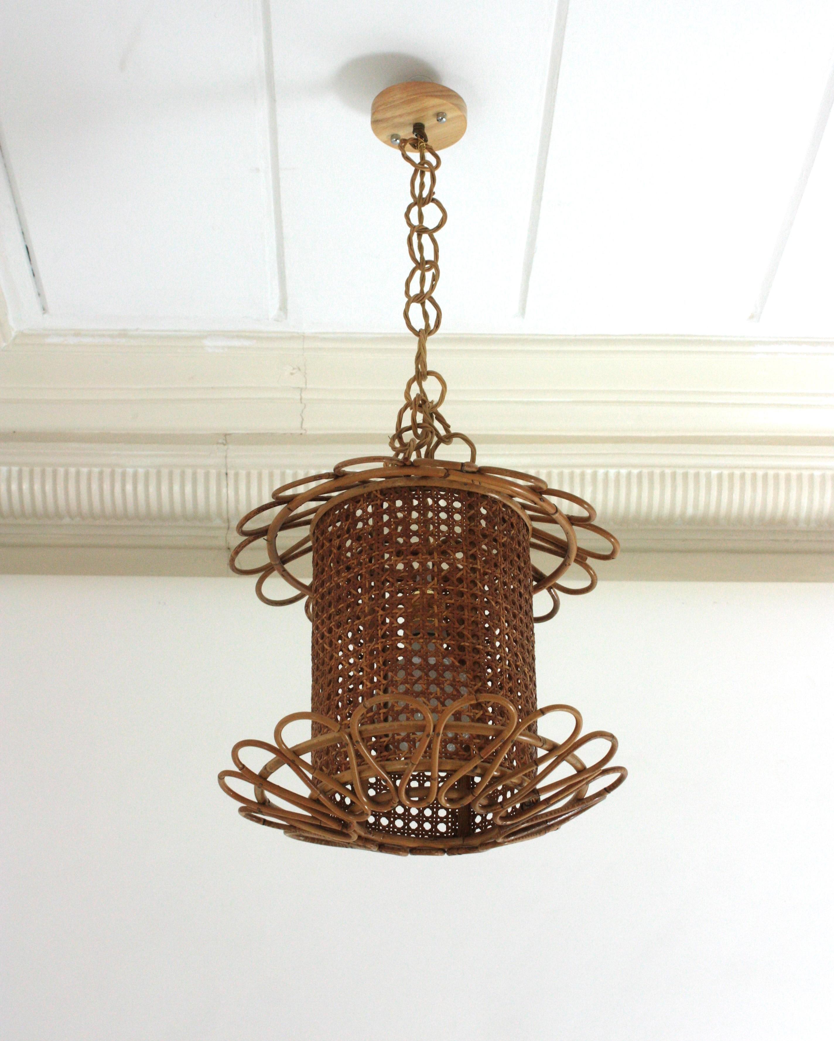 Italian Modernist Rattan & Wicker Wire Pendant Hanging Light, 1950s For Sale 4