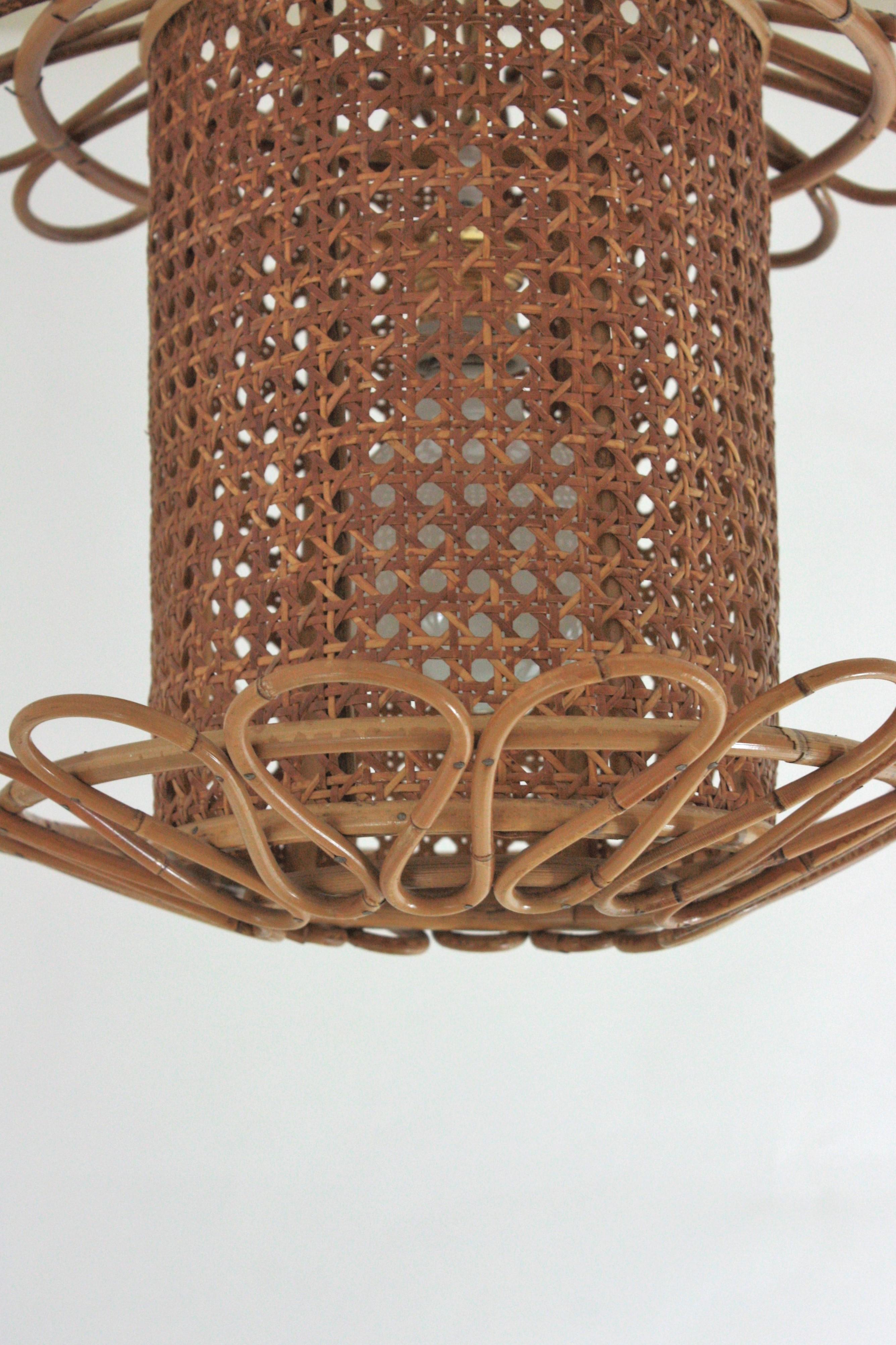 Italian Modernist Rattan & Wicker Wire Pendant Hanging Light, 1950s For Sale 5