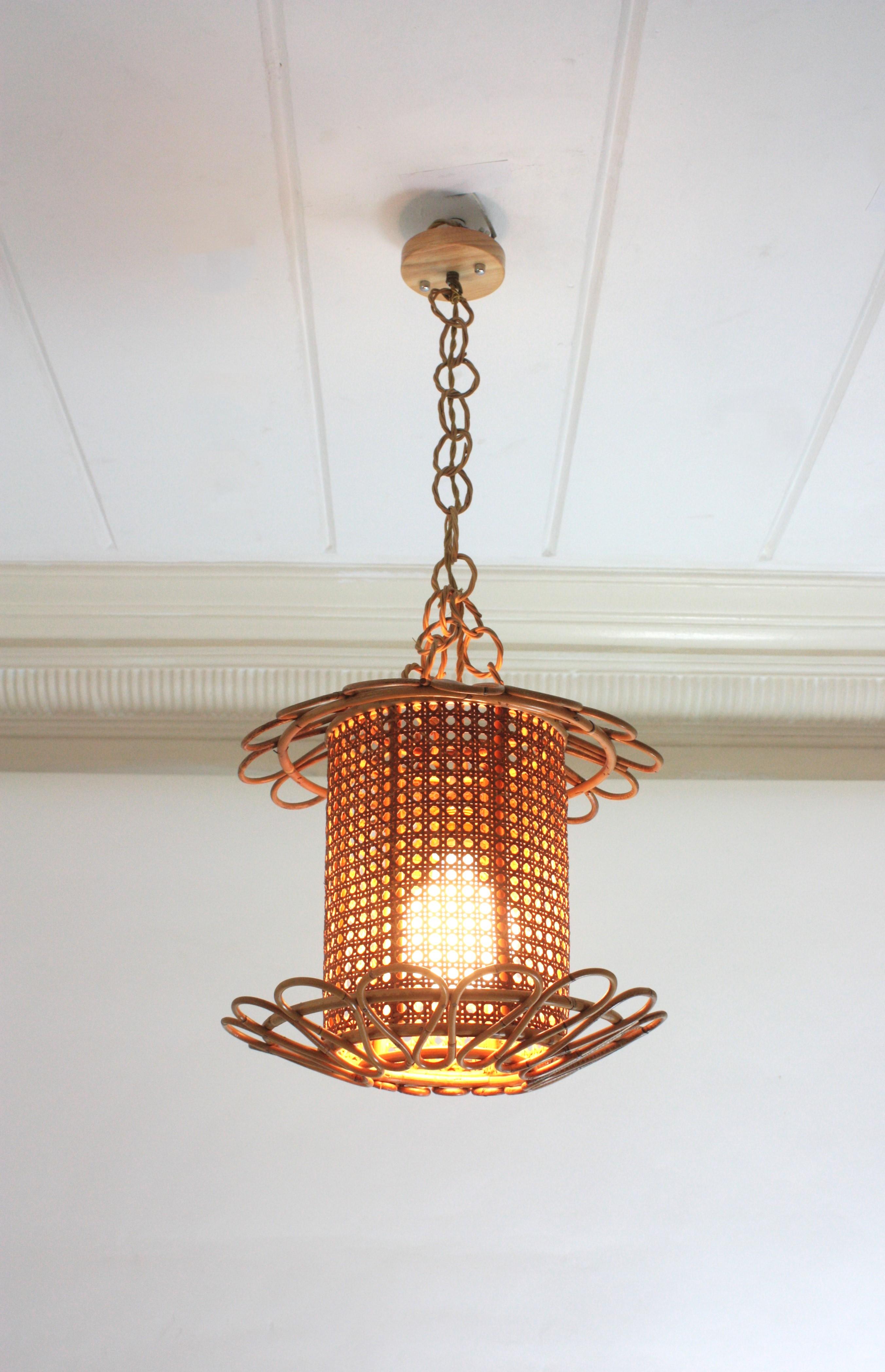 Italian Modernist Rattan & Wicker Wire Pendant Hanging Light, 1950s For Sale 6