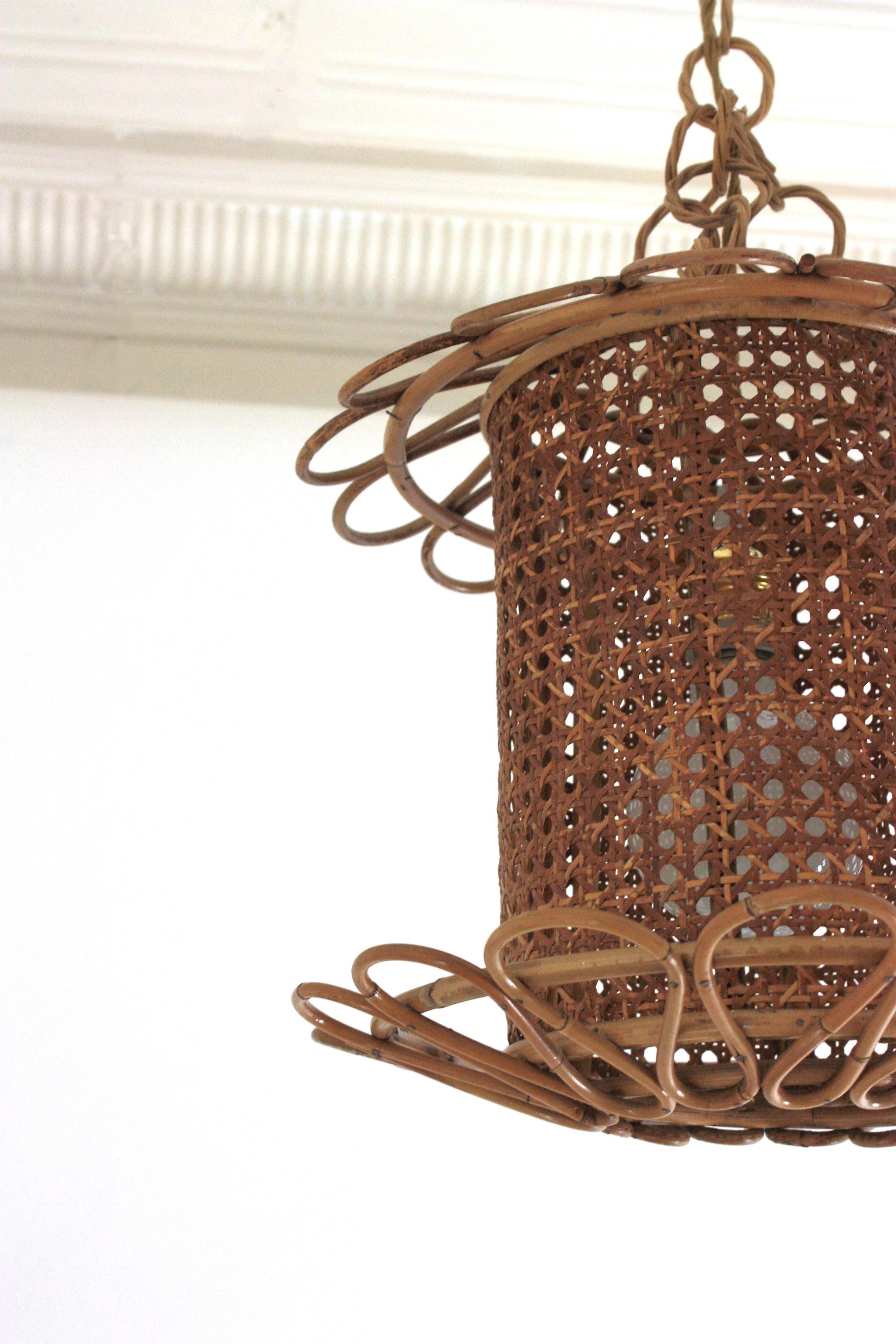 Italian Modernist Rattan & Wicker Wire Pendant Hanging Light, 1950s For Sale 9