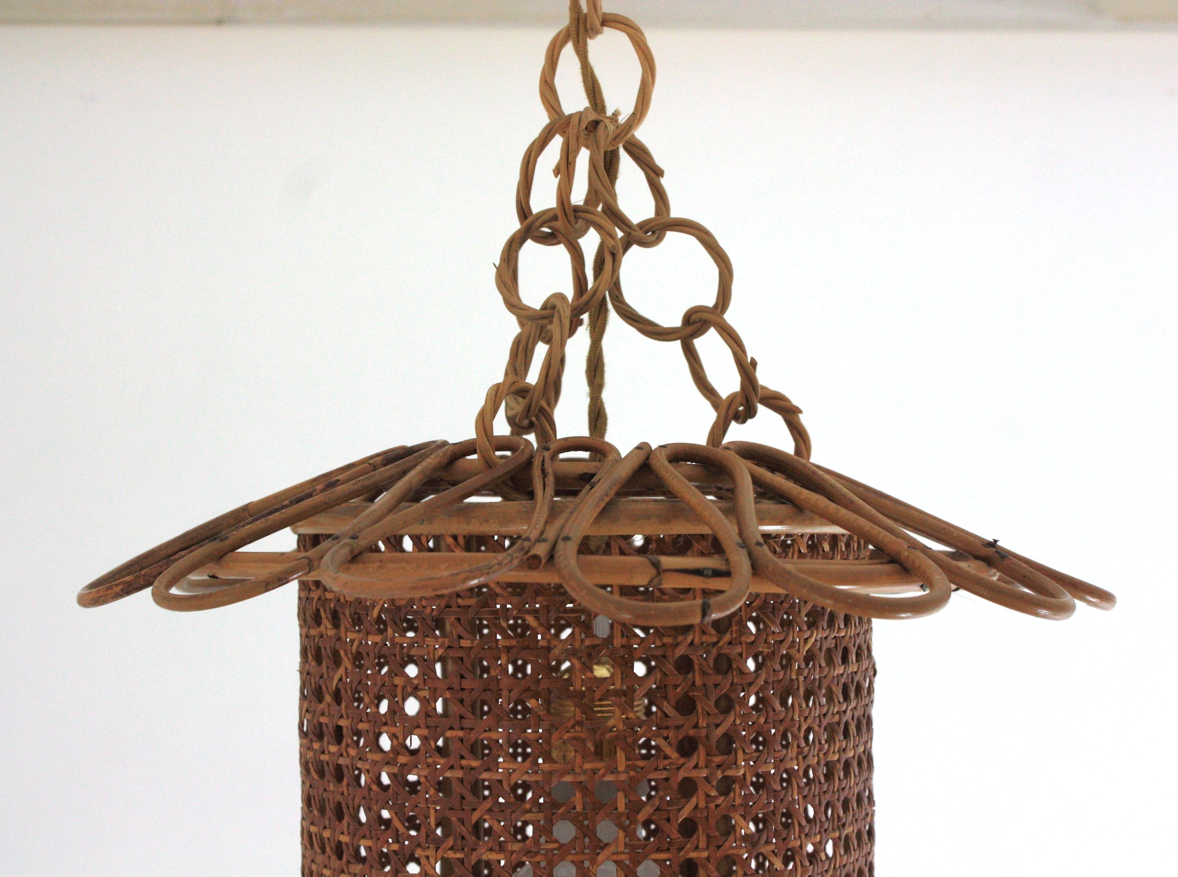 Italian Modernist Rattan & Wicker Wire Pendant Hanging Light, 1950s For Sale 11
