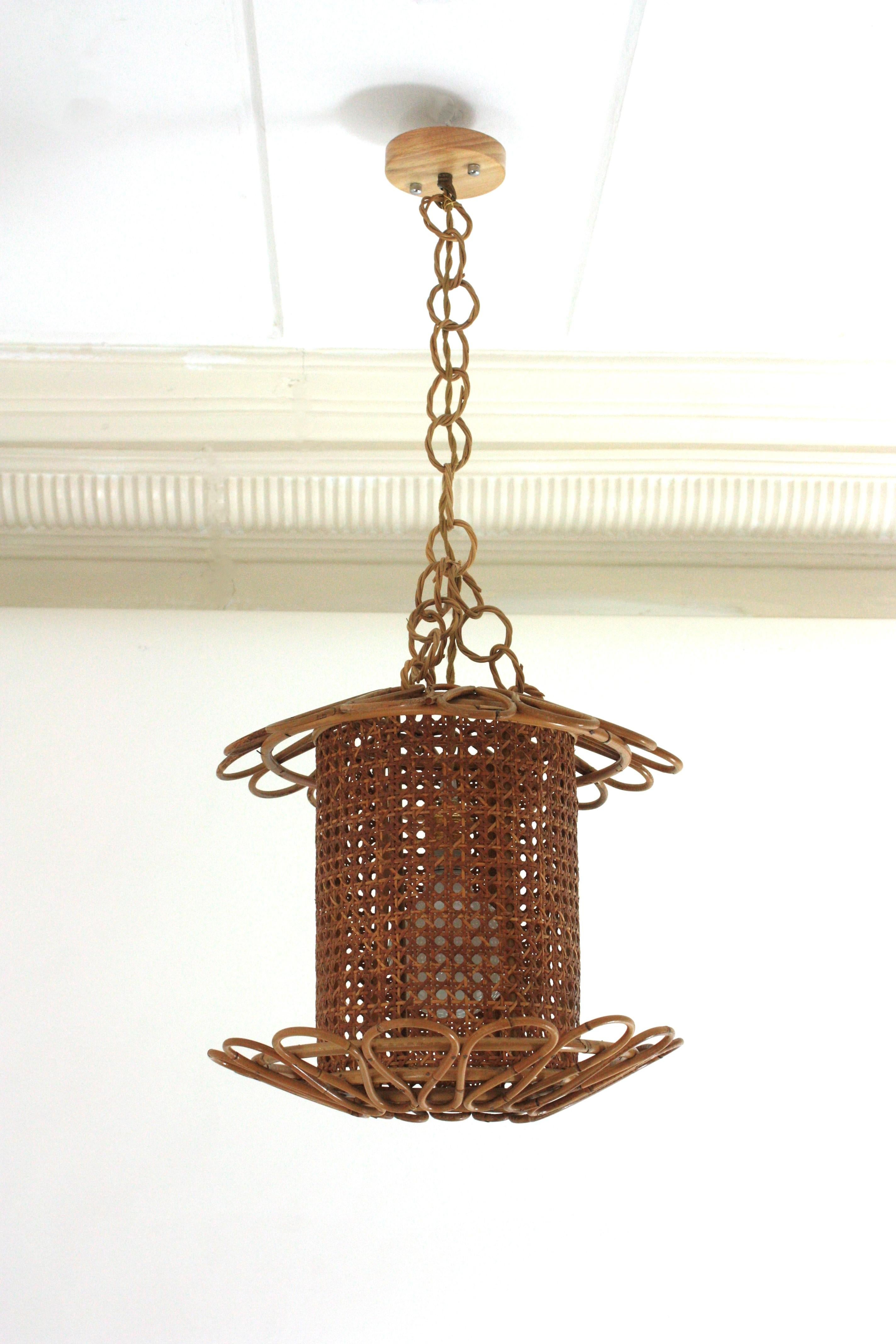 Mid-Century Modern Italian Modernist Rattan & Wicker Wire Pendant Hanging Light, 1950s For Sale