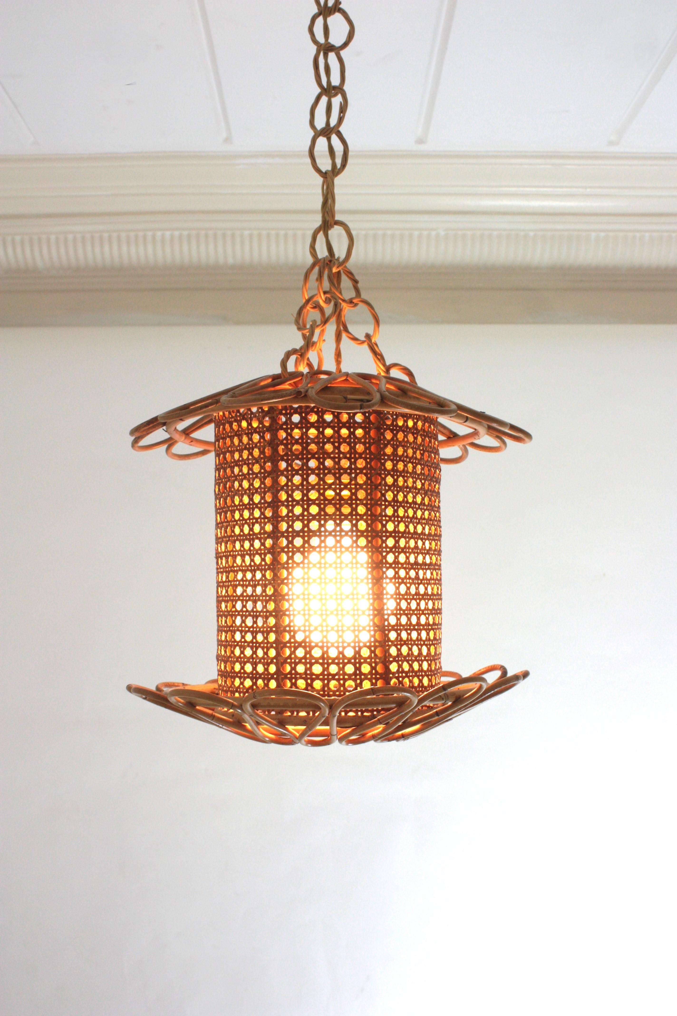 20th Century Italian Modernist Rattan & Wicker Wire Pendant Hanging Light, 1950s For Sale