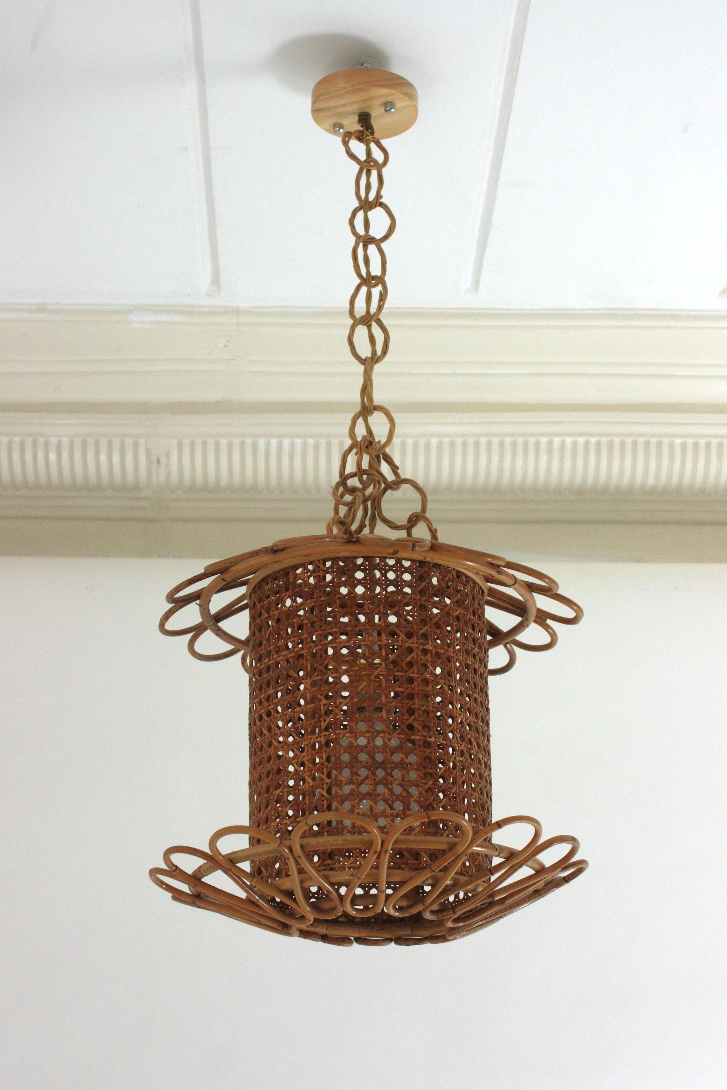 Italian Modernist Rattan & Wicker Wire Pendant Hanging Light, 1950s For Sale 1
