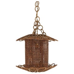 Italian Modernist Rattan & Wicker Wire Pendant Hanging Light, 1950s