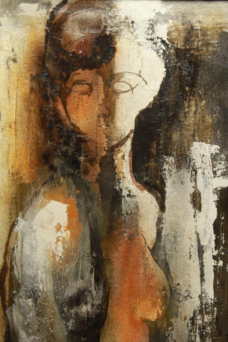 Italian modernist abstract oil on canvas painting by Rino Giacomelli titled 'Figura Feminile', depicting a nude woman. The piece is signed and dated 1963 on the front and titled on the reverse. Framed in a carved wood frame.