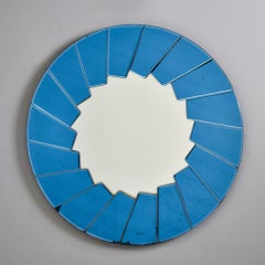 Italian Modernist Round Mirror with Blue Mirrored Edging