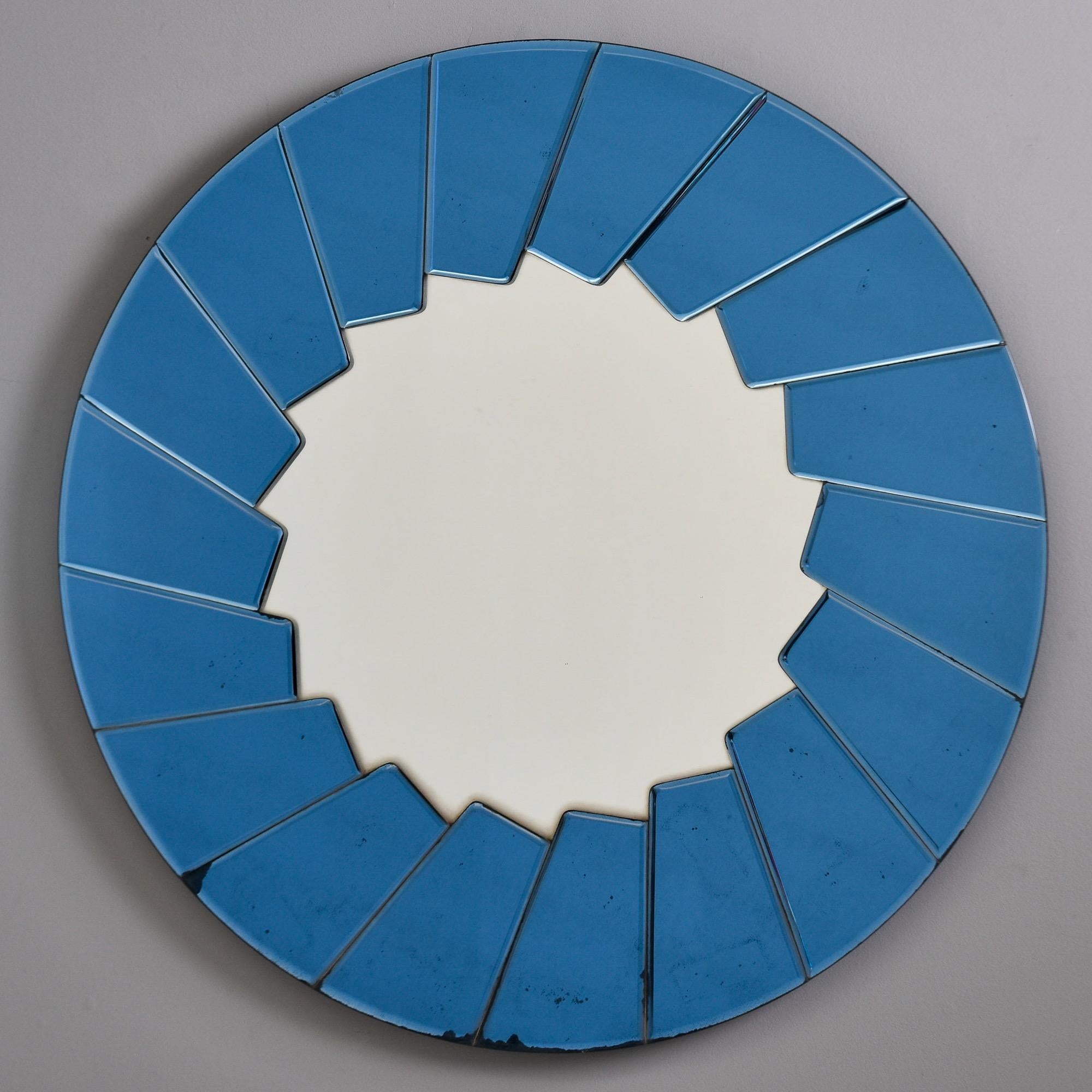 Italian Modernist Round Mirror with Blue Mirrored Edging In Good Condition For Sale In Troy, MI