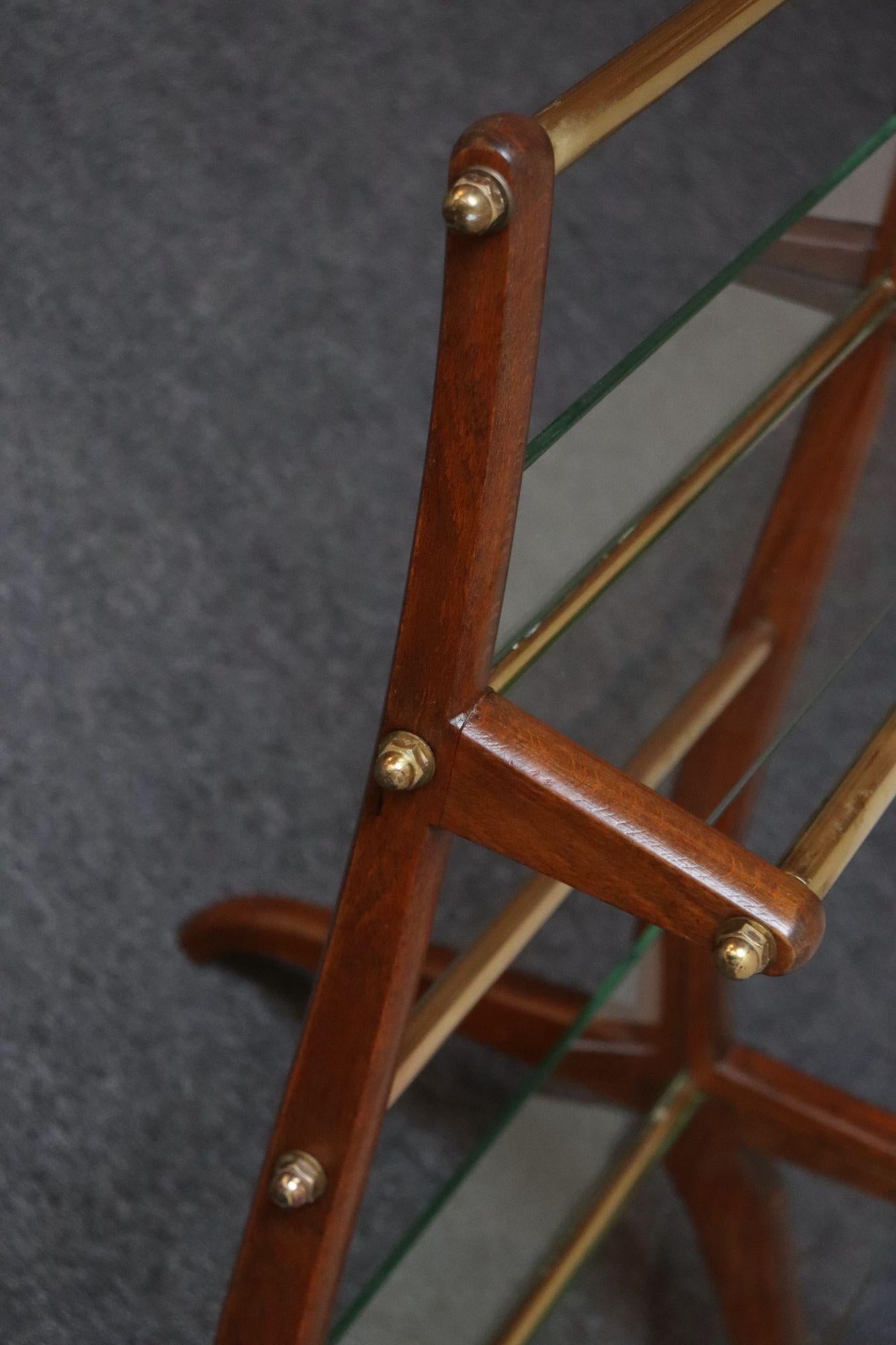 Italian Modernist Sculptural Walnut, Brass and Glass Magazine Rack / Stand For Sale 7