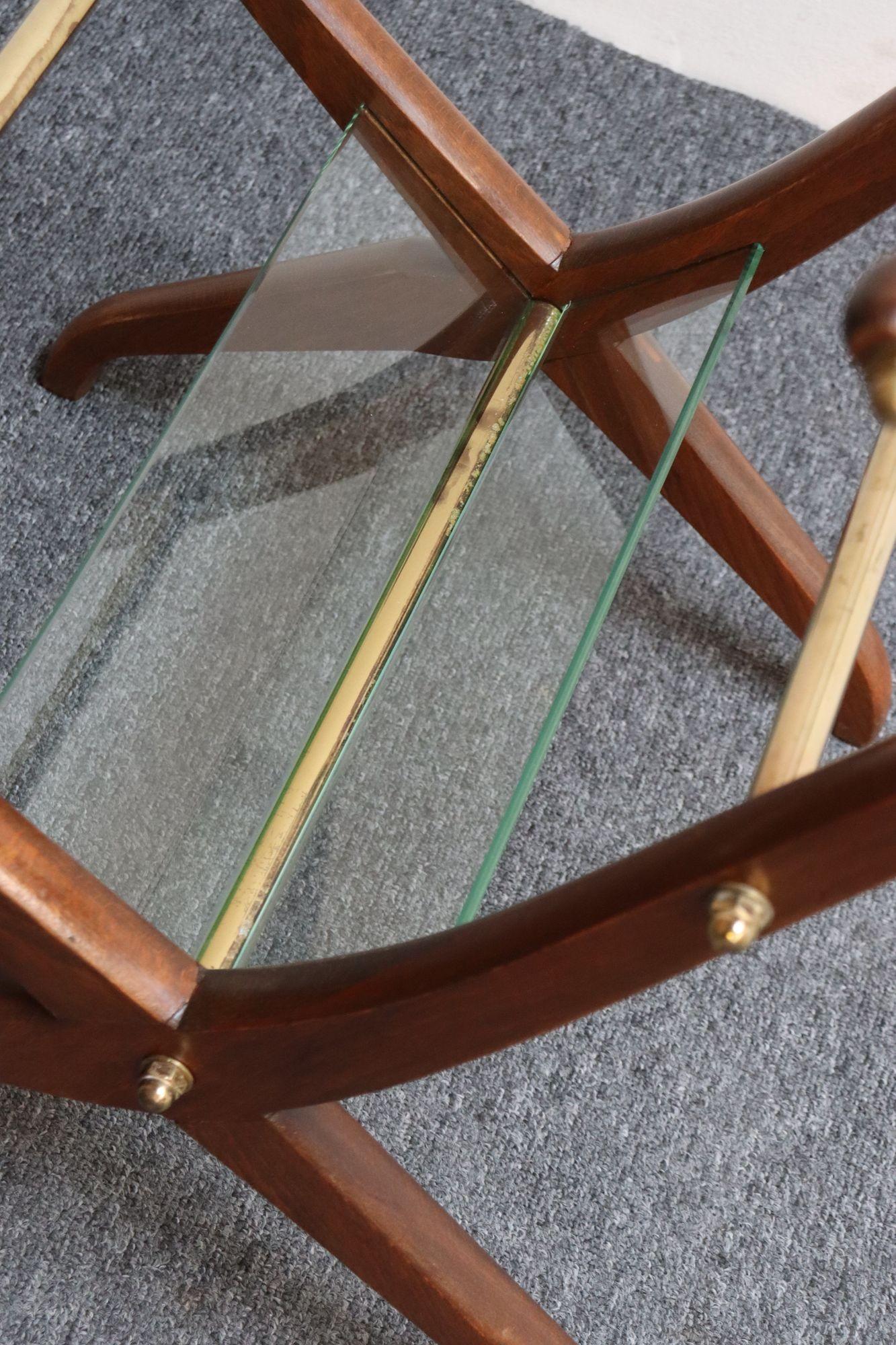 Italian Modernist Sculptural Walnut, Brass and Glass Magazine Rack / Stand For Sale 8