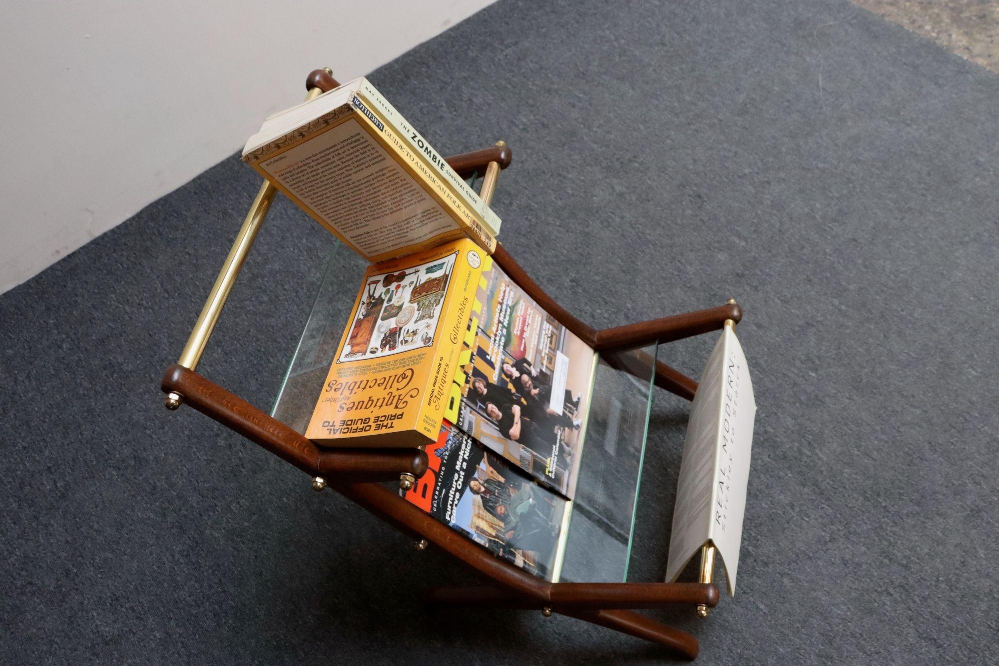 Italian Modernist Sculptural Walnut, Brass and Glass Magazine Rack / Stand For Sale 13