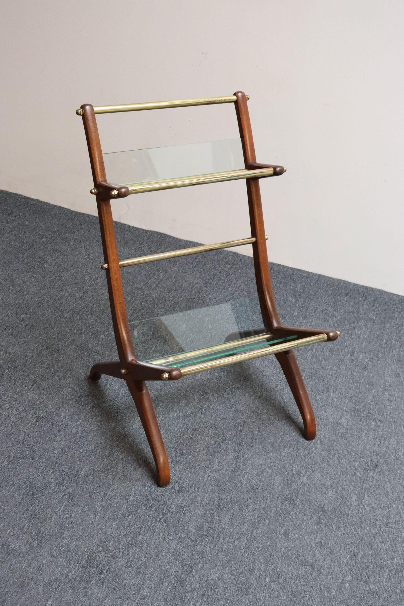 Mid-Century Modern Italian Modernist Sculptural Walnut, Brass and Glass Magazine Rack / Stand For Sale