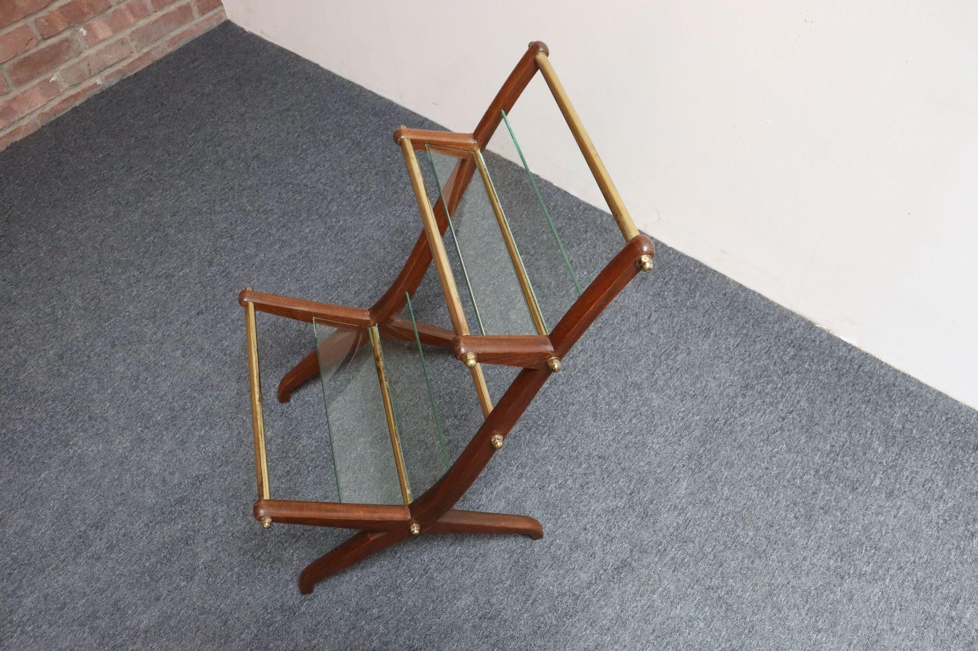 Italian Modernist Sculptural Walnut, Brass and Glass Magazine Rack / Stand For Sale 1