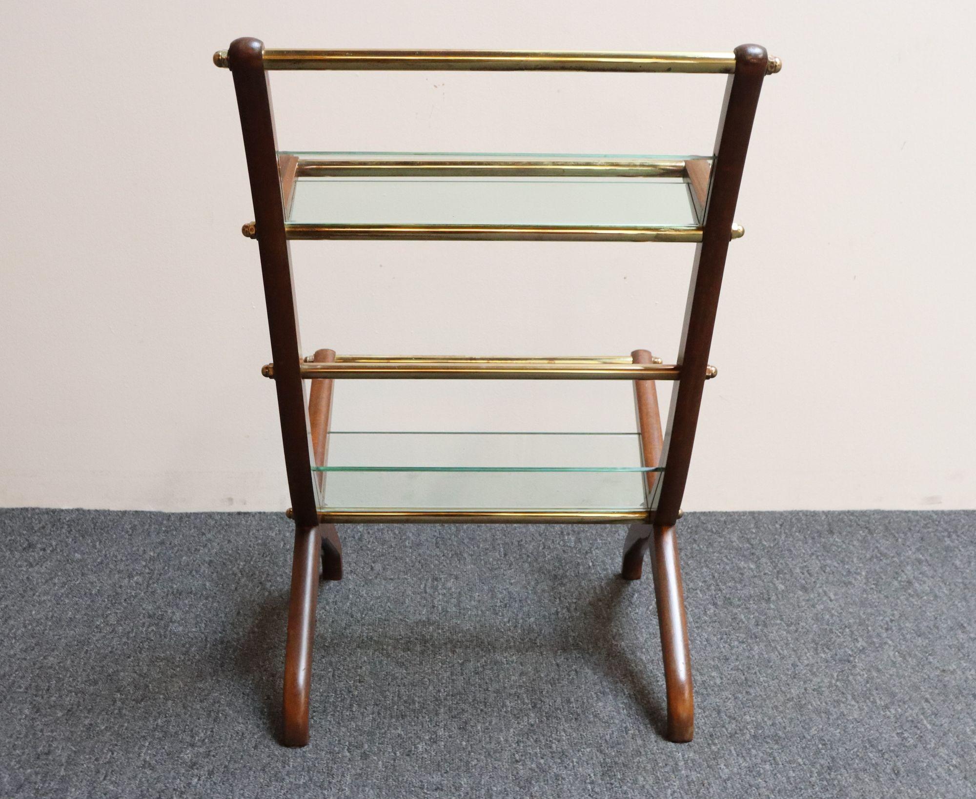 Italian Modernist Sculptural Walnut, Brass and Glass Magazine Rack / Stand For Sale 4