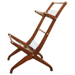 Italian Modernist Sculptural Walnut, Brass and Glass Magazine Rack / Stand