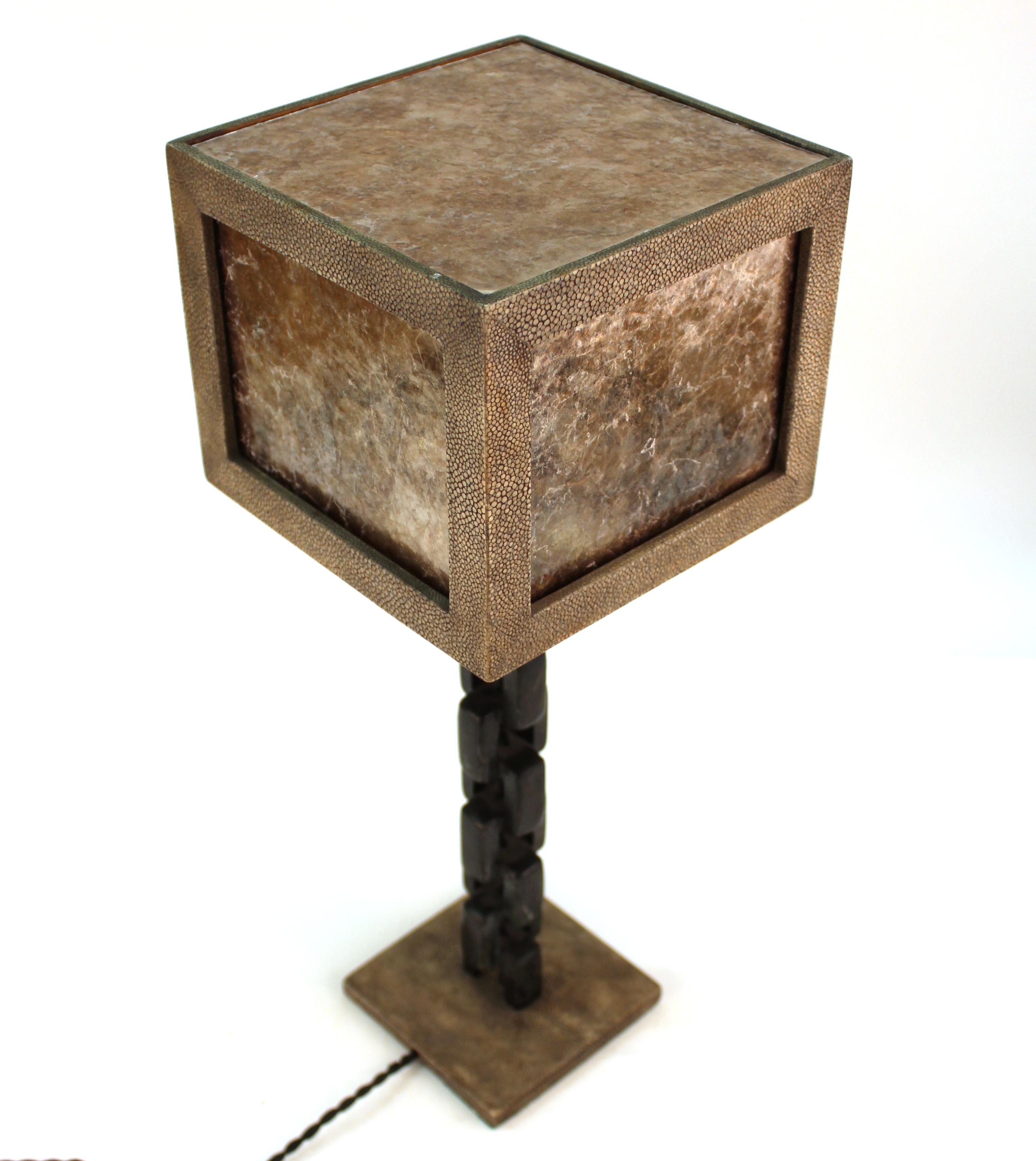 Mid-20th Century Italian Modernist Shagreen Table Lamp with Chain Link Leg For Sale