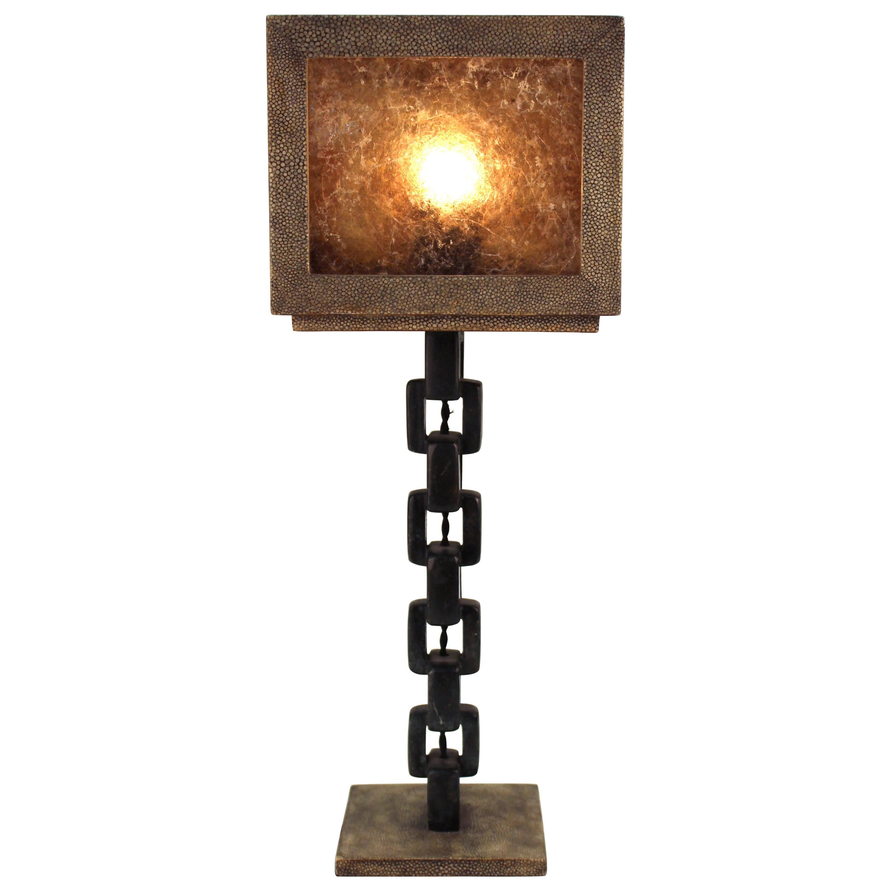 Italian Modernist Shagreen Table Lamp with Chain Link Leg For Sale