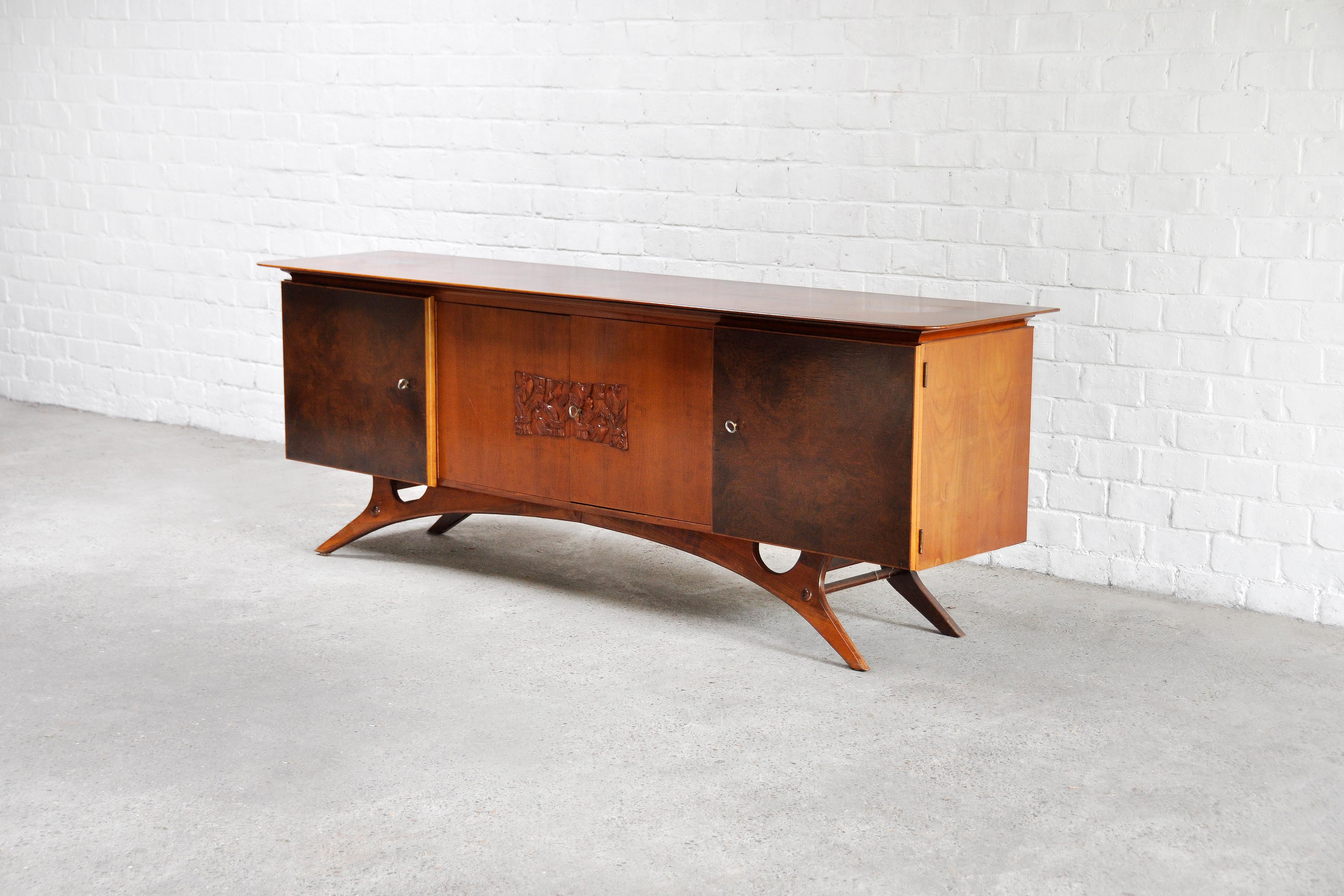 Teak Italian Modernist Sideboard with Bas-Relief Carving, 1960's