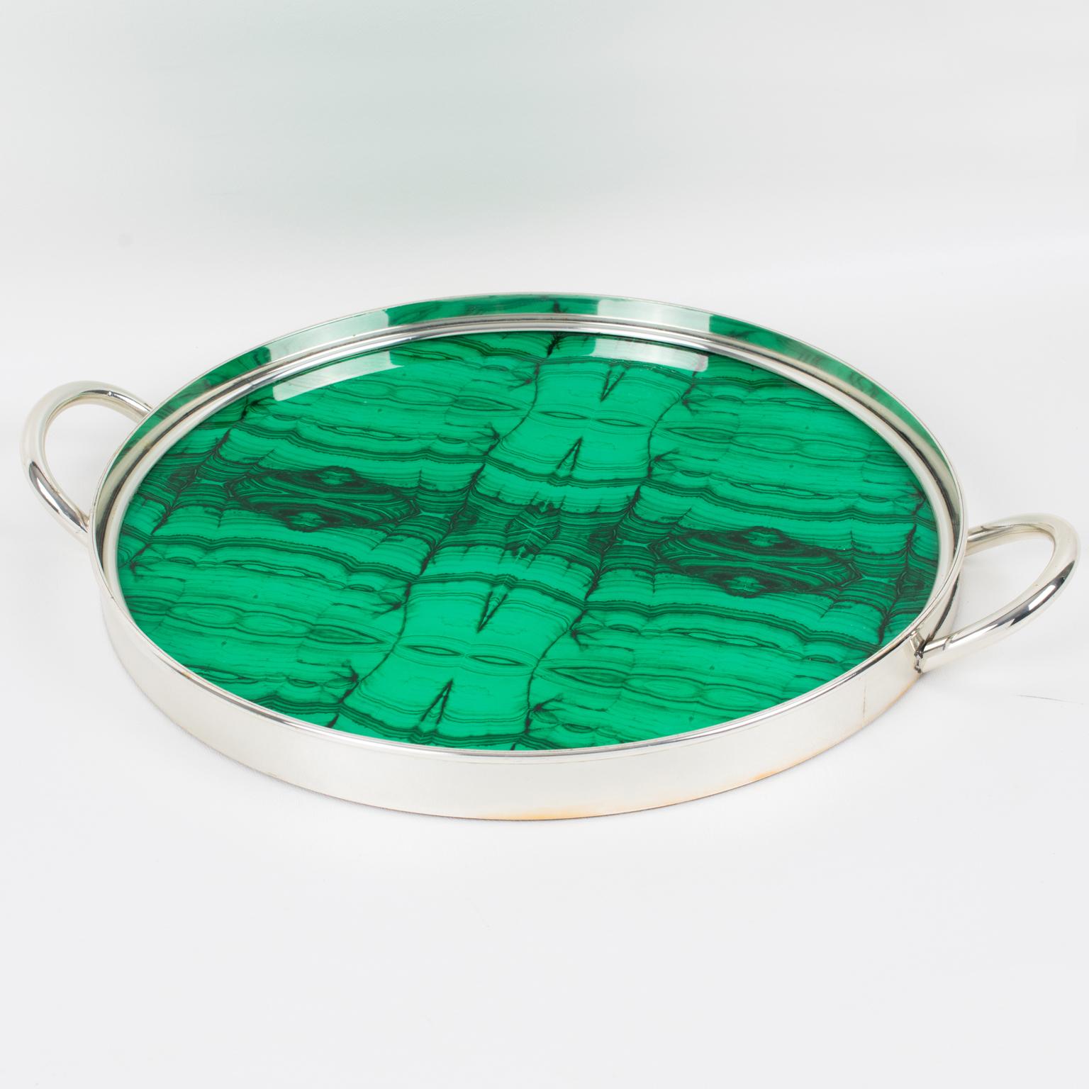 Italian Modernist Silver Plate and Malachite-like Serving Tray, 1970s 8