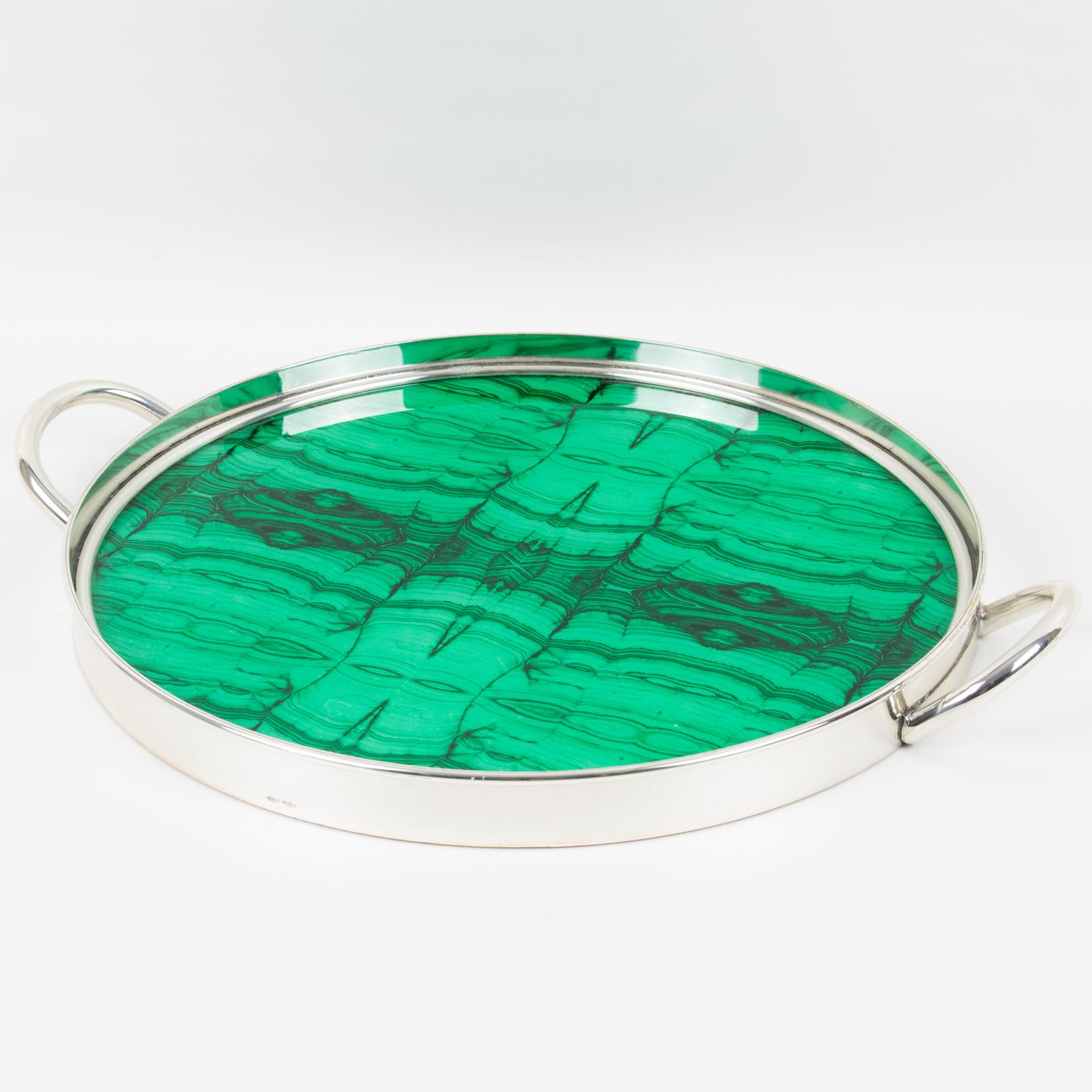This elegant Italian barware serving tray boasts a rounded silverplate frame (gallery and handles) with a glass insert featuring a malachite-like reversed painted textured pattern. The tray is marked on the side: 