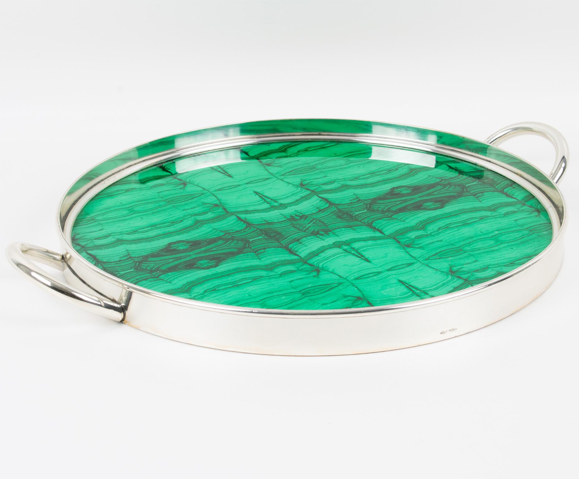 Mid-Century Modern Italian Modernist Silver Plate and Malachite-like Serving Tray, 1970s