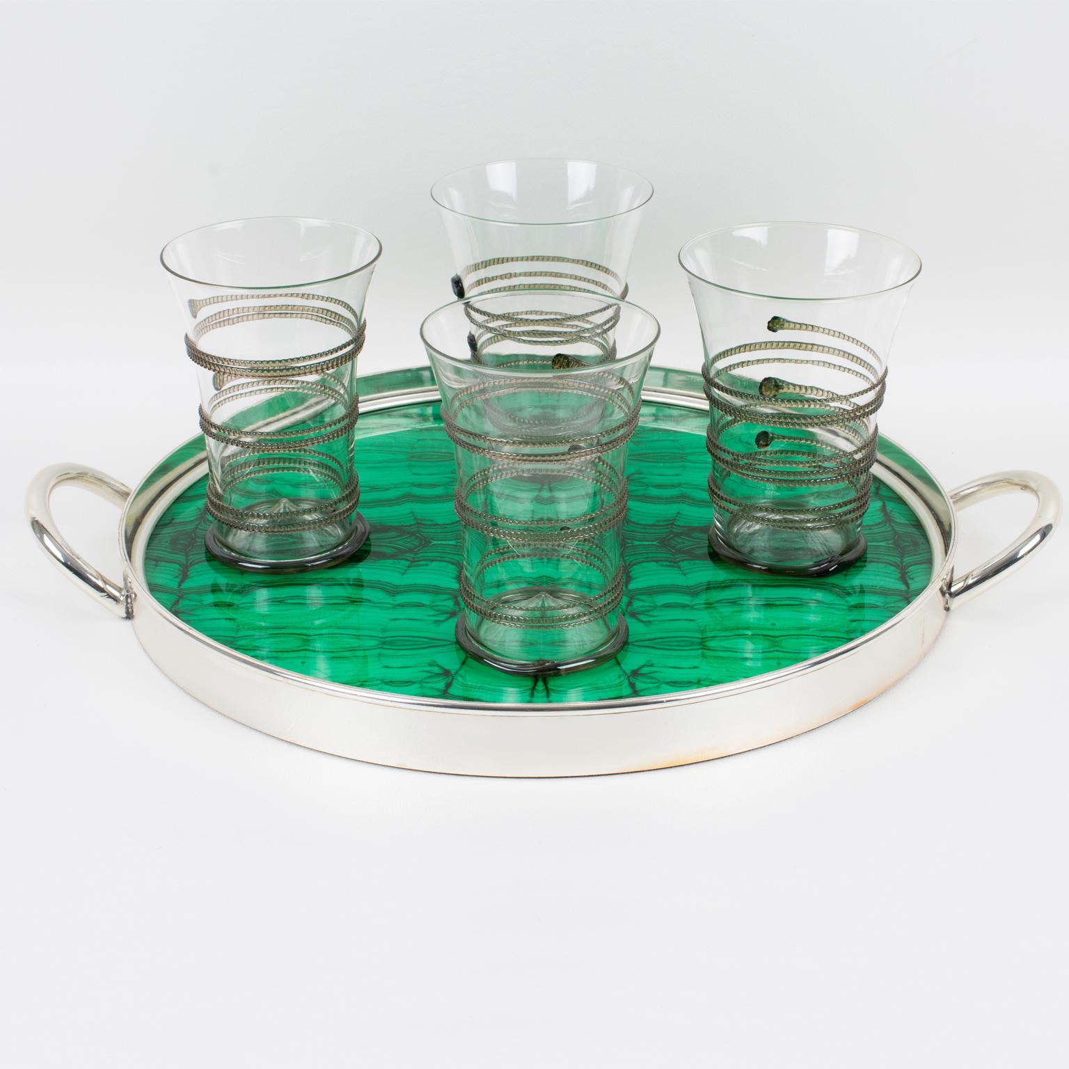 Italian Modernist Silver Plate and Malachite-like Serving Tray, 1970s In Good Condition In Atlanta, GA