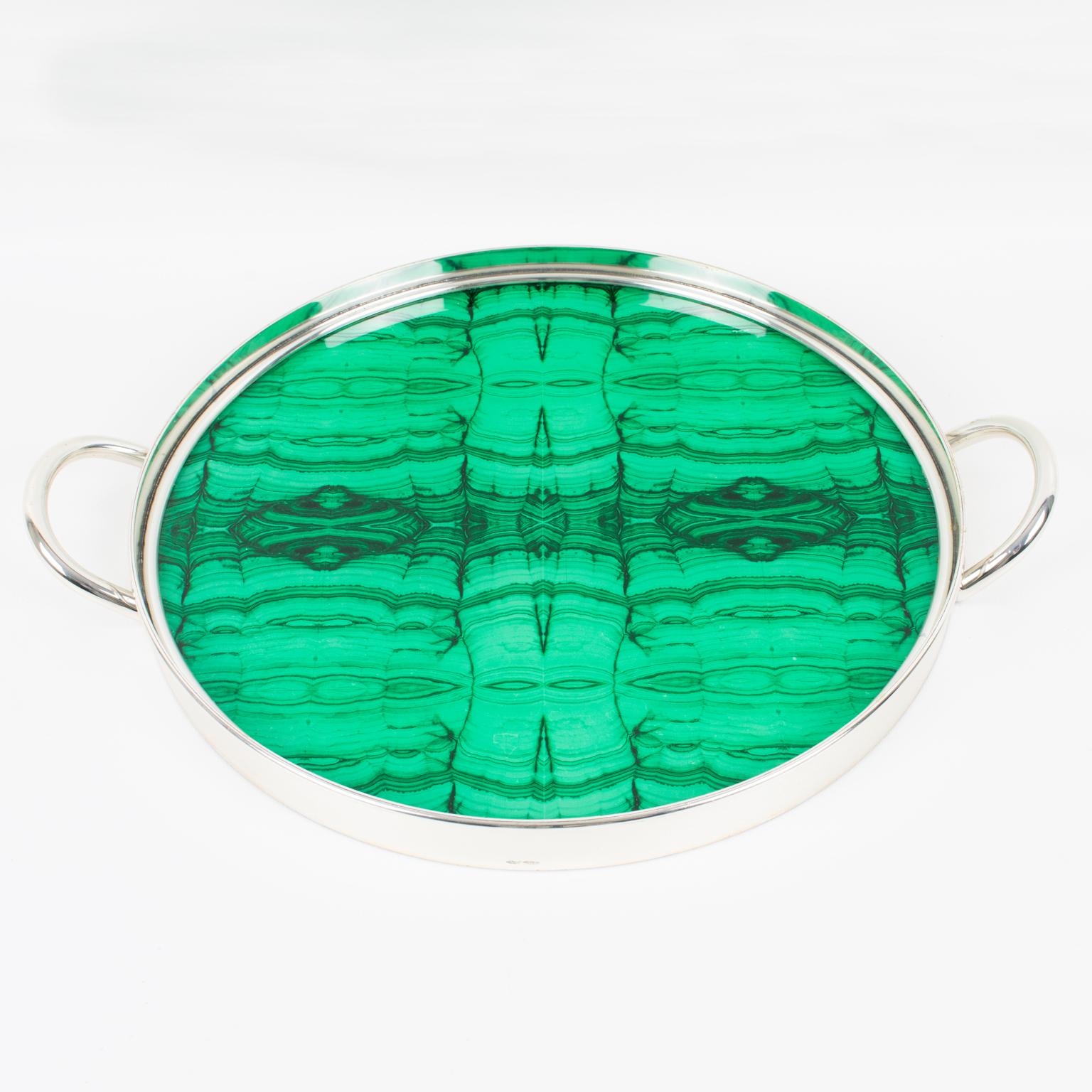 Late 20th Century Italian Modernist Silver Plate and Malachite-like Serving Tray, 1970s