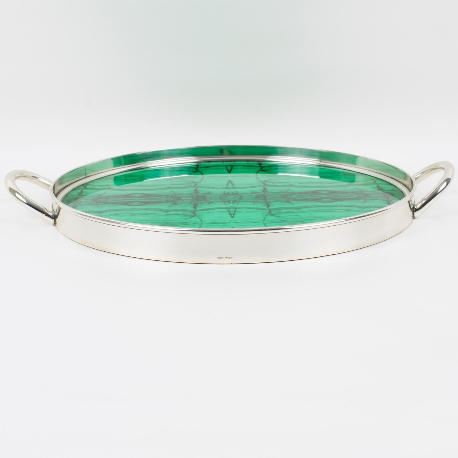 Italian Modernist Silver Plate and Malachite-like Serving Tray, 1970s 1