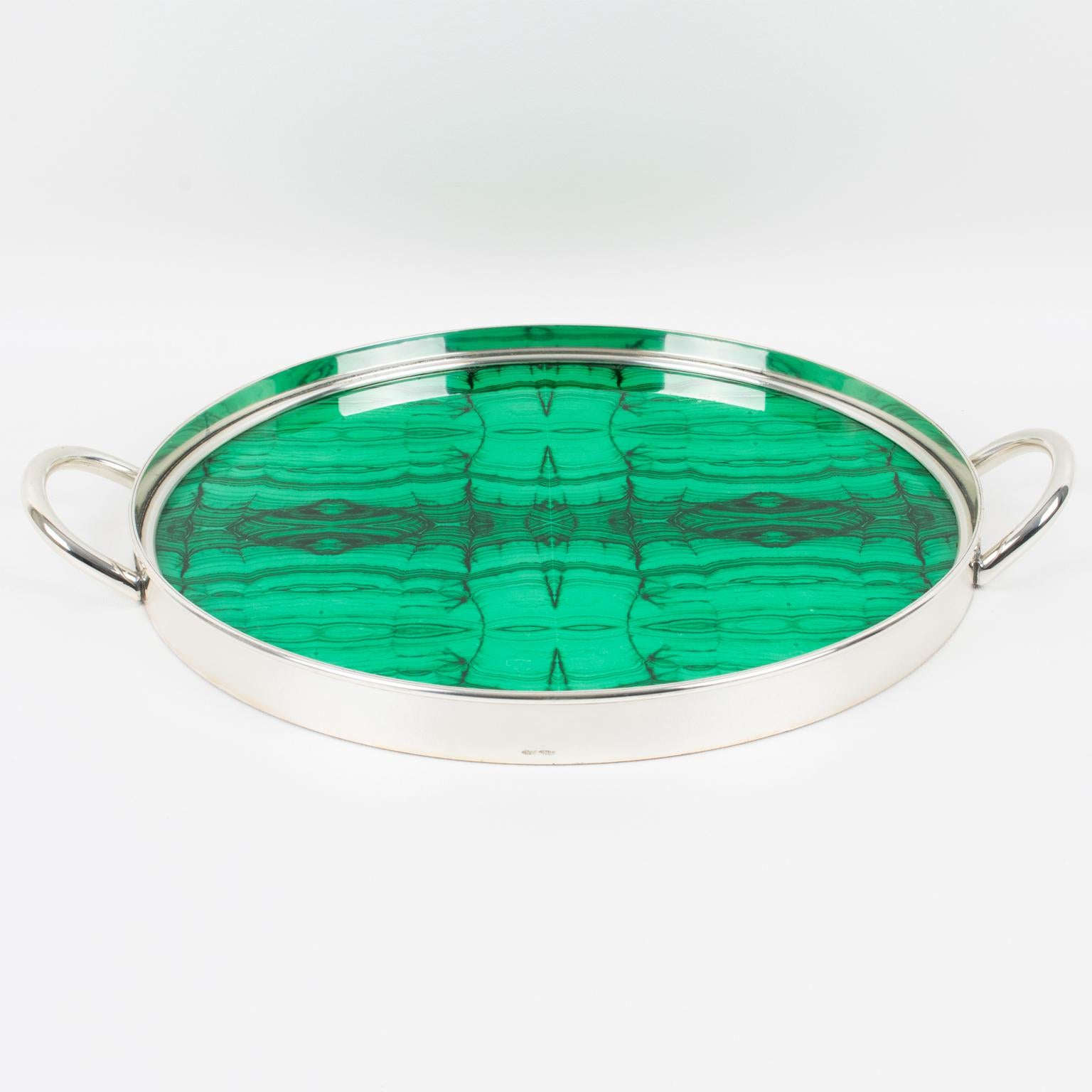 Italian Modernist Silver Plate and Malachite-like Serving Tray, 1970s 2