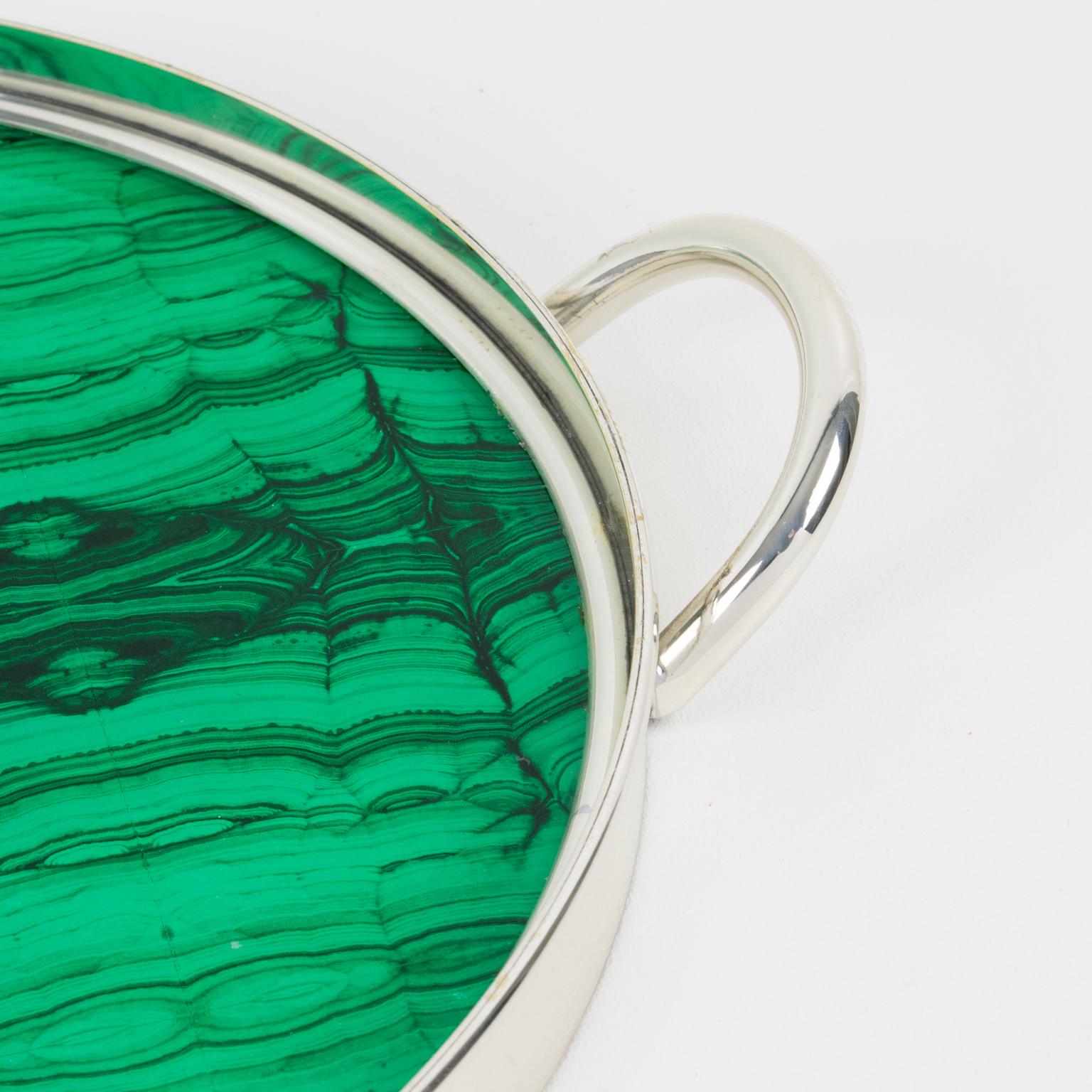 Italian Modernist Silver Plate and Malachite-like Serving Tray, 1970s 3