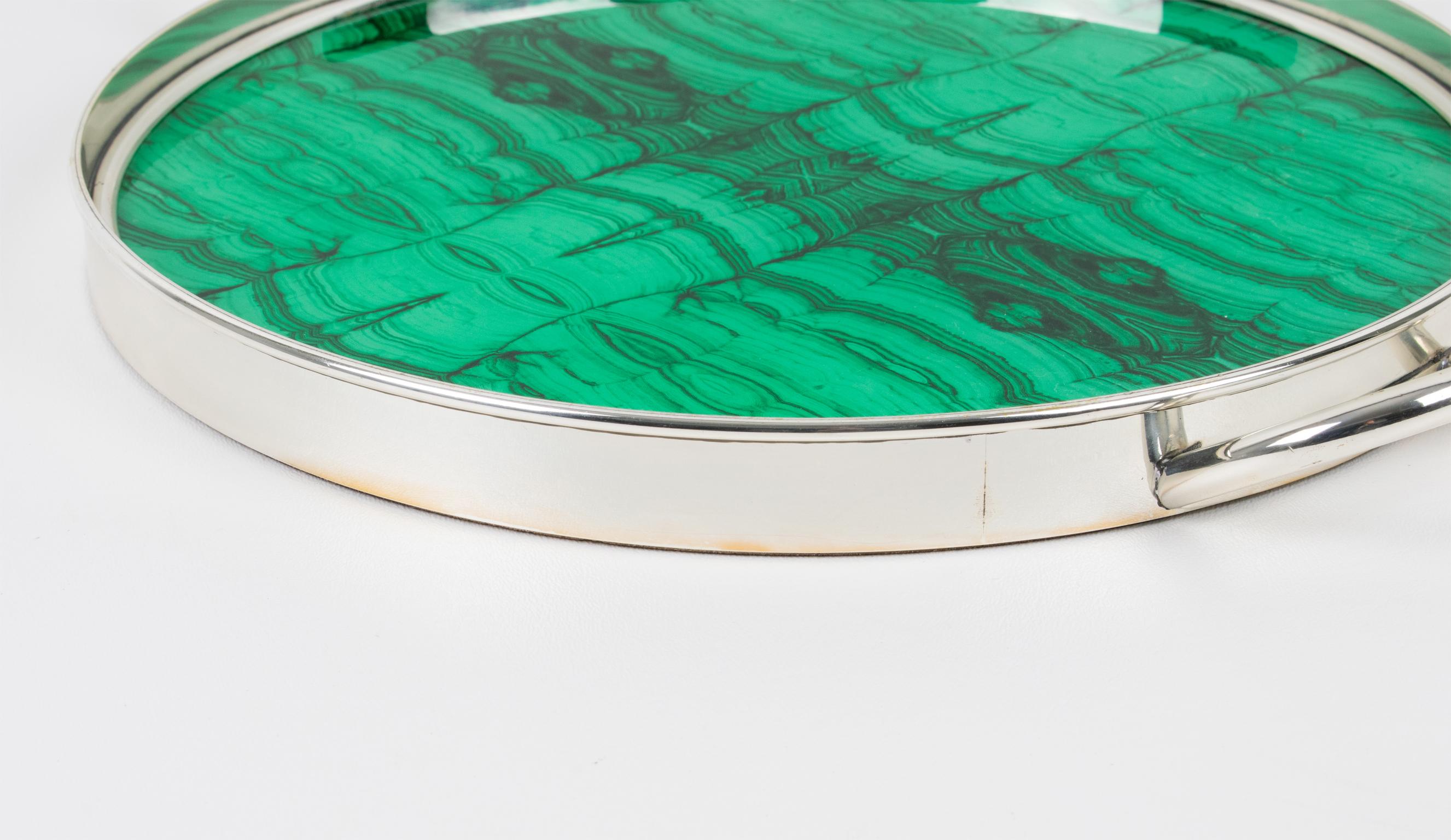 Italian Modernist Silver Plate and Malachite-like Serving Tray, 1970s 4