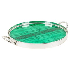 Italian Modernist Silver Plate and Malachite-like Serving Tray, 1970s