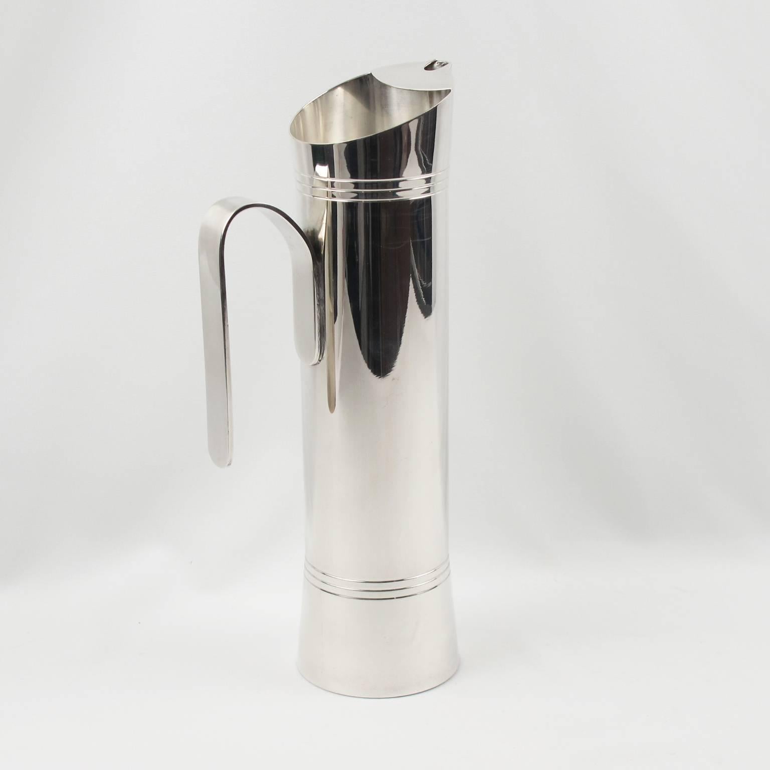 A streamline and minimalist barware accessory designed by Italian silver master Giuliano Bossi for Ibis, Milano. Sleek and modernist design with extra tall silver plate Martini pitcher. Marked underside: Silver plate - Ibis - GB (for Giuliano