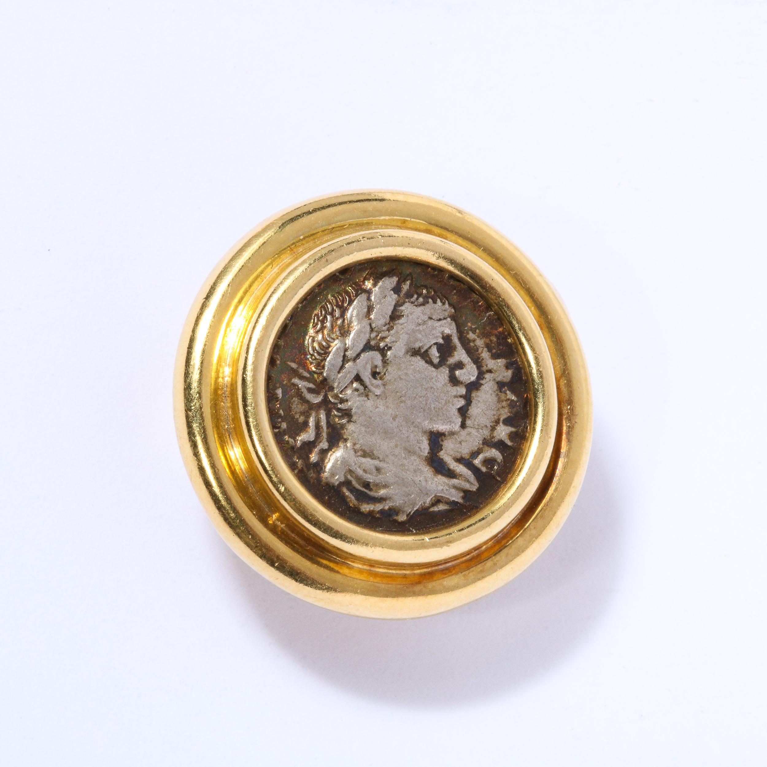 Italian Modernist Slide Pendant with Ancient Roman Figurative Coin in 18kt gold In Excellent Condition For Sale In New York, NY